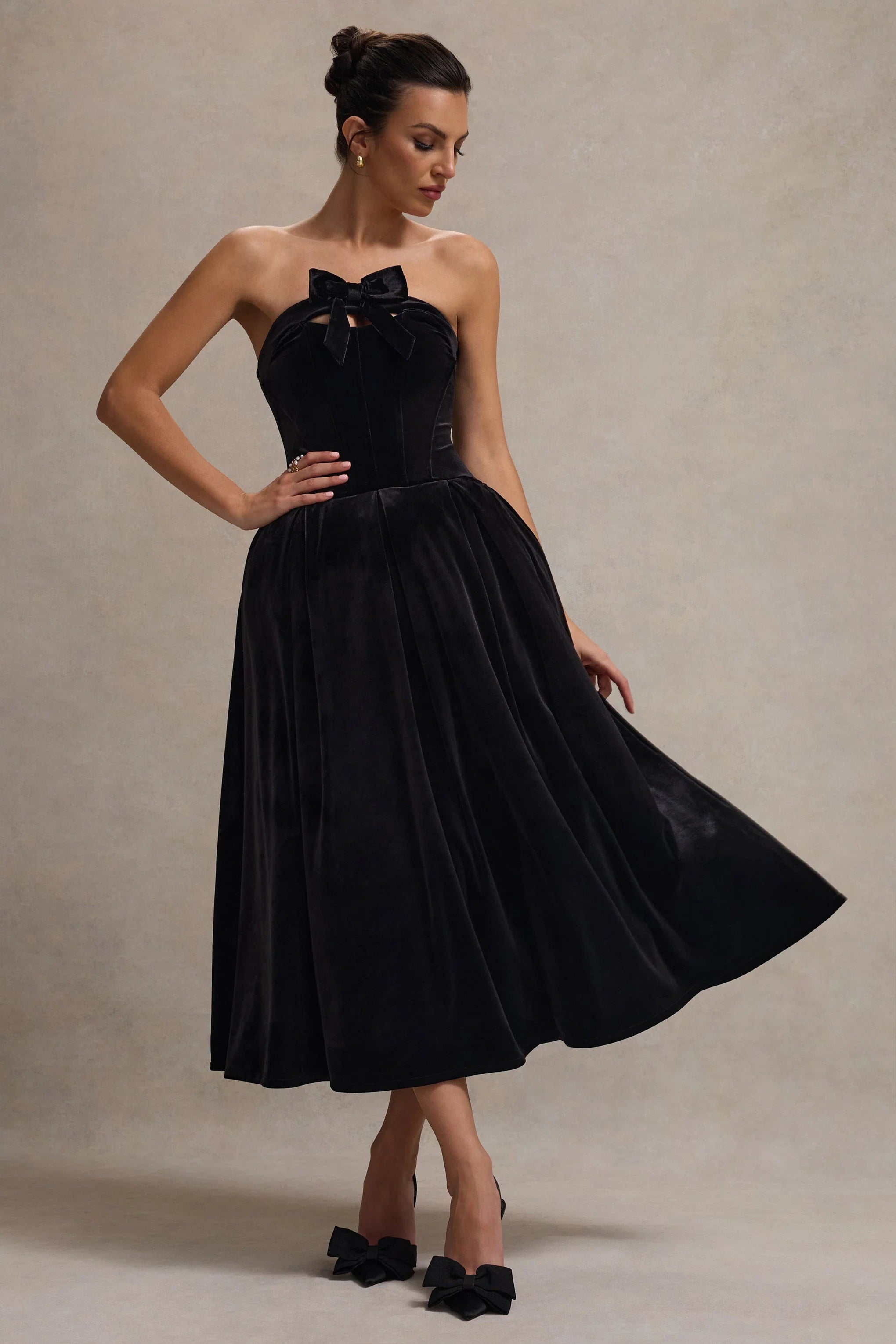 Hepburn Black Velvet Bandeau Midi Dress With Bow
