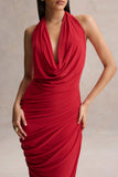 Cairo Red Cowl Neck Maxi Dress With Gathered Detailing