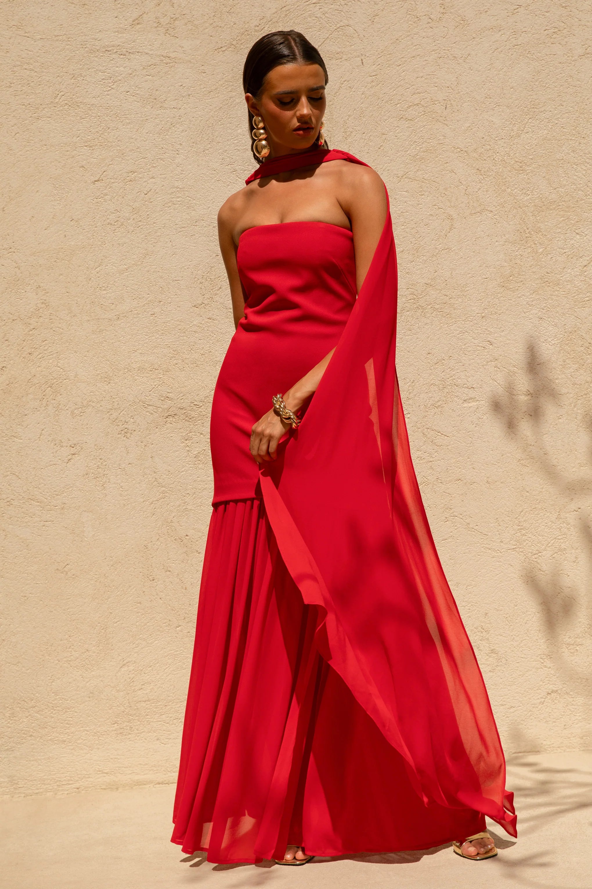 Kylie Red High Neck Maxi Dress With Chiffon Skirt
