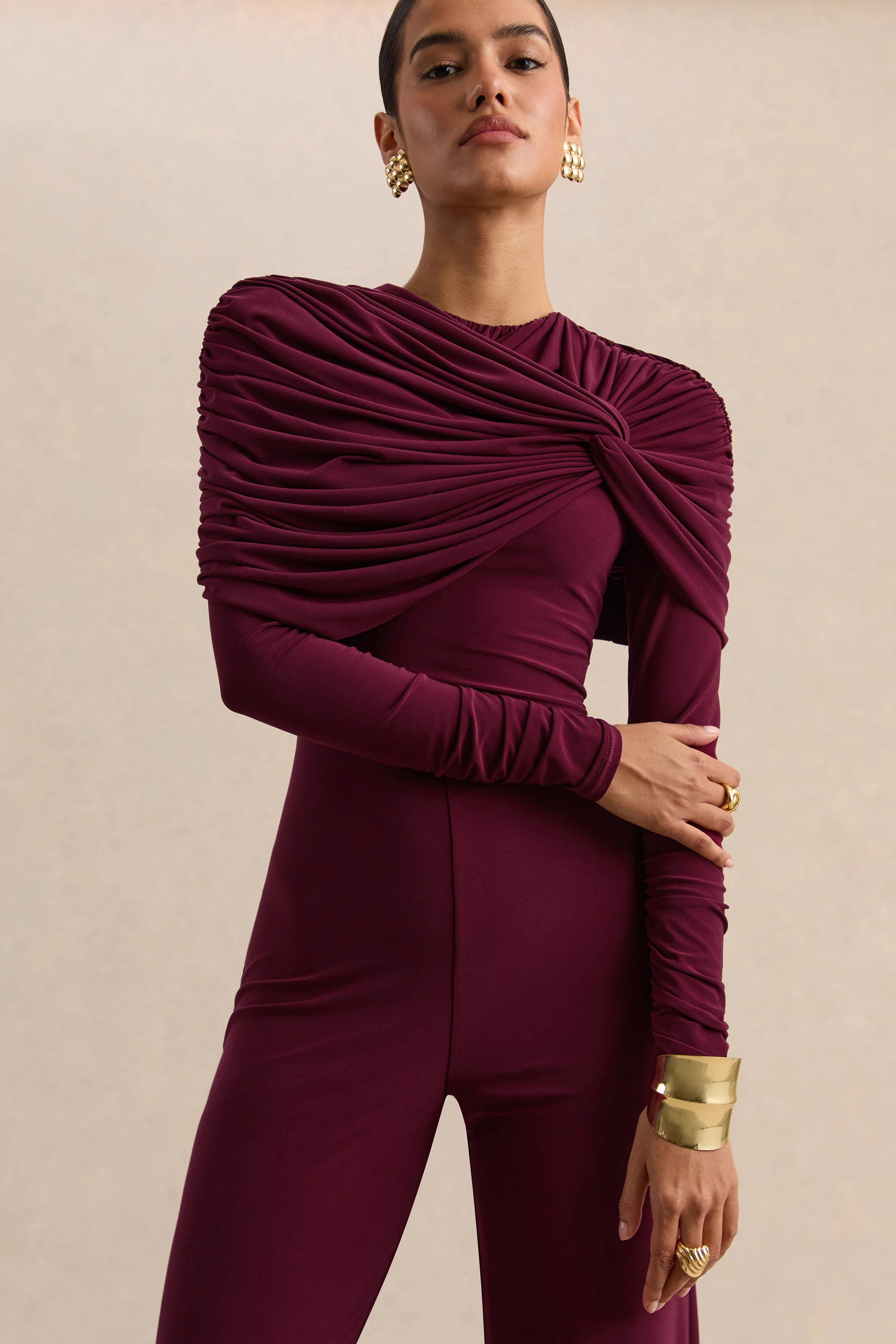 Eloura Burgundy High Neck Jumpsuit With Twist Gathered Detail