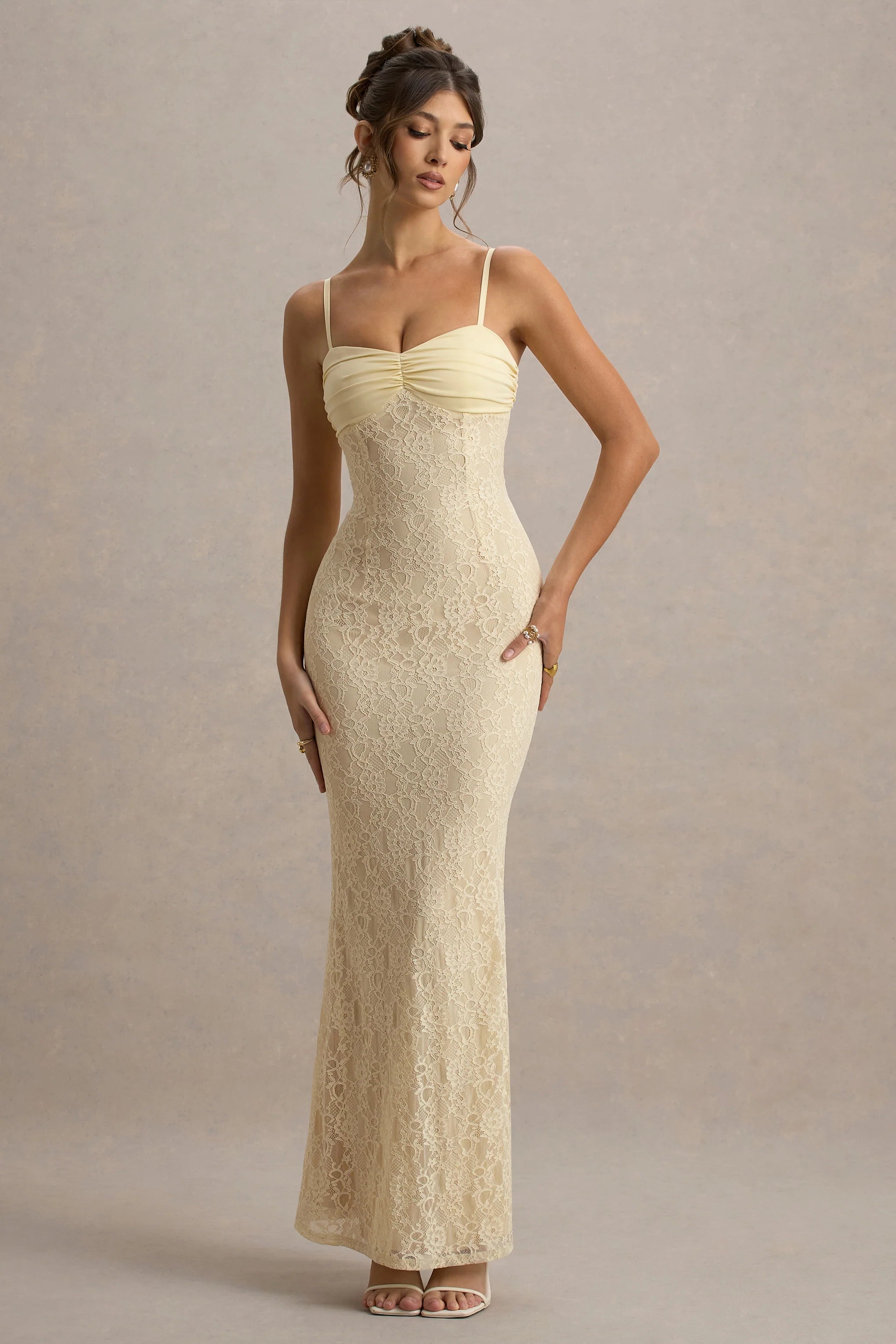 Felicia Pale Lemon Satin Sweetheart Maxi Dress With Lace Details