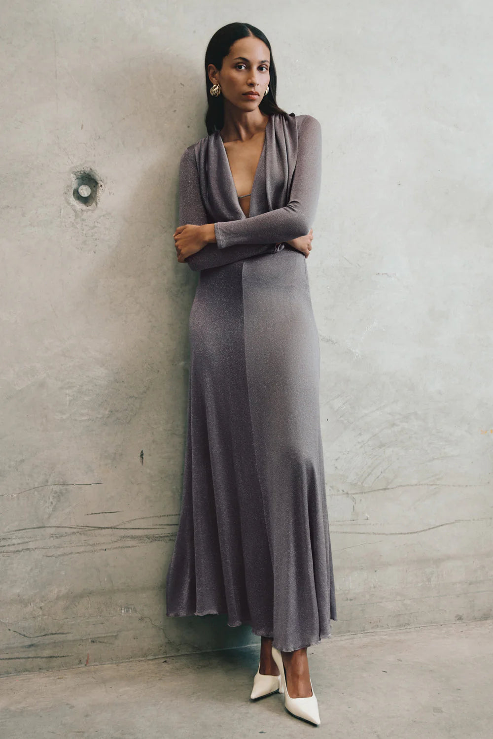 Scarlet Lurex Cowl Maxi Dress Silver