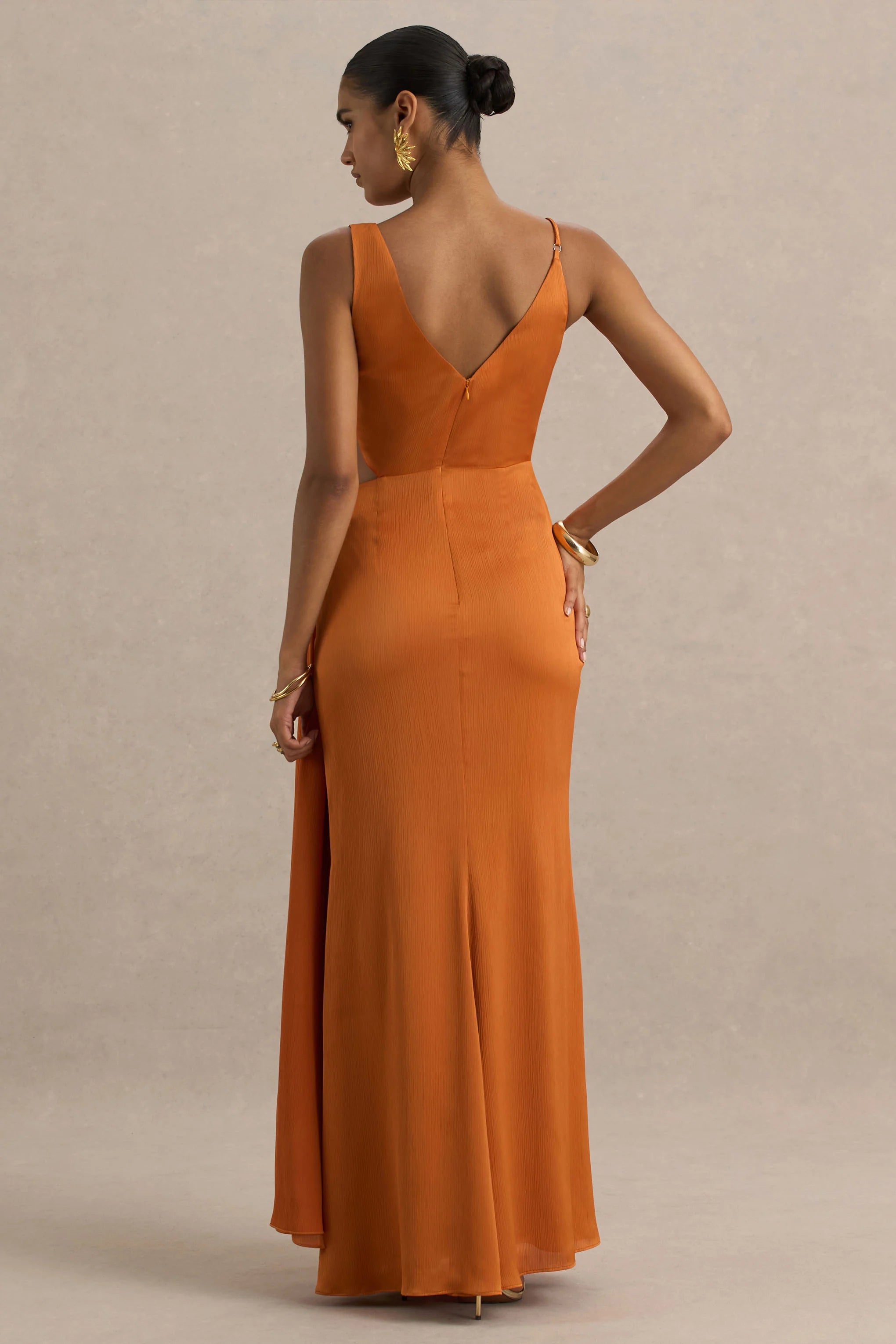 Livia Orange Plunge Neck Fishtail Maxi Dress