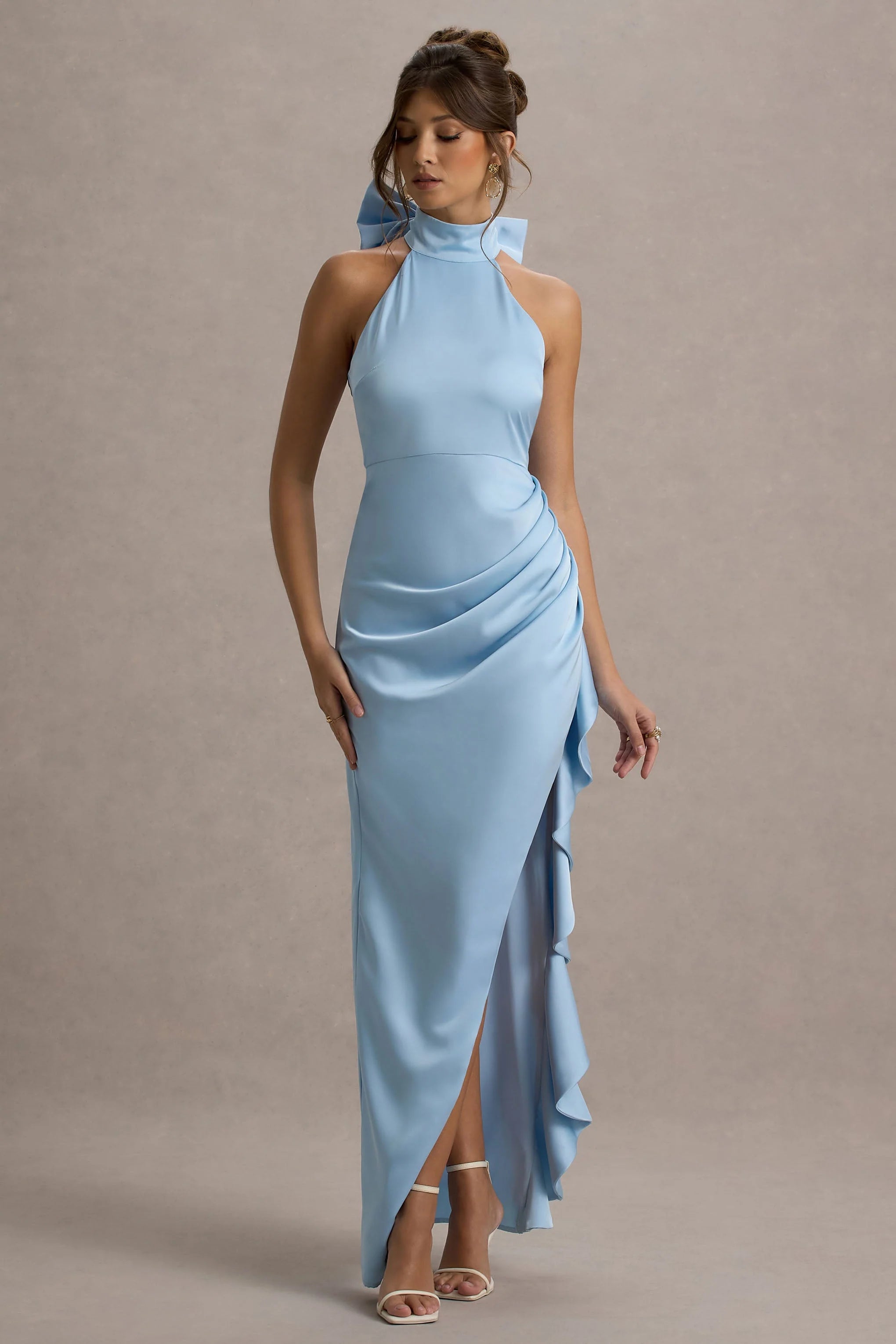 Maureen Powder Blue Satin High Neck Draped Maxi Dress