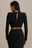 Fluxy Black Long Sleeved Crop Top With Ruched Detailing