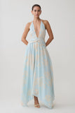 Cyra Plunge Chiffon Midi Dress Blue Floral Print