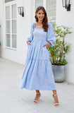 Women Floral Embroidered Maxi Dress Long Puff Sleeve Square Neck Bohemian Flowy Dress with Pockets Summer Fall