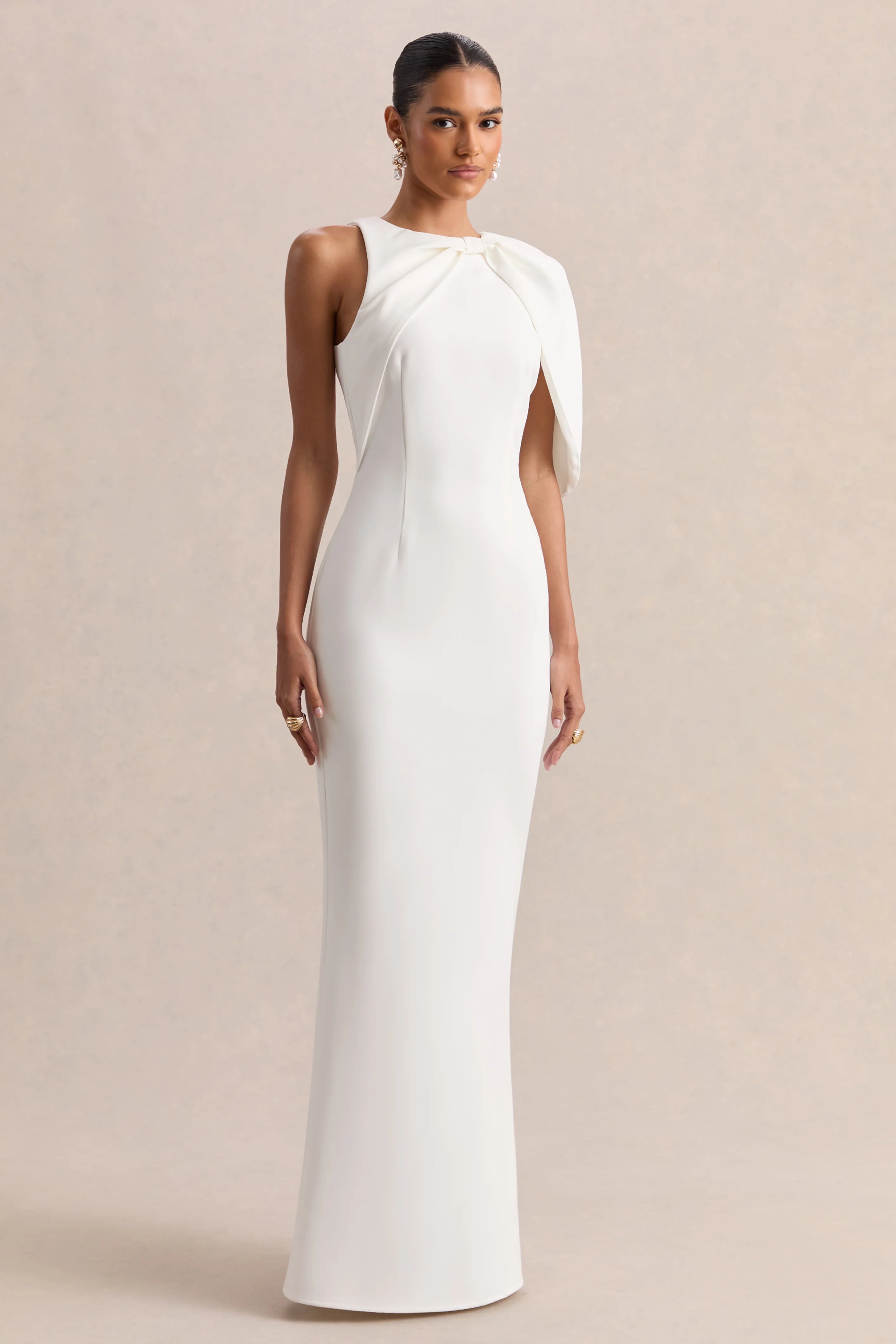 Quira White Asymmetric Neck Maxi Dress With Cape Sleeve