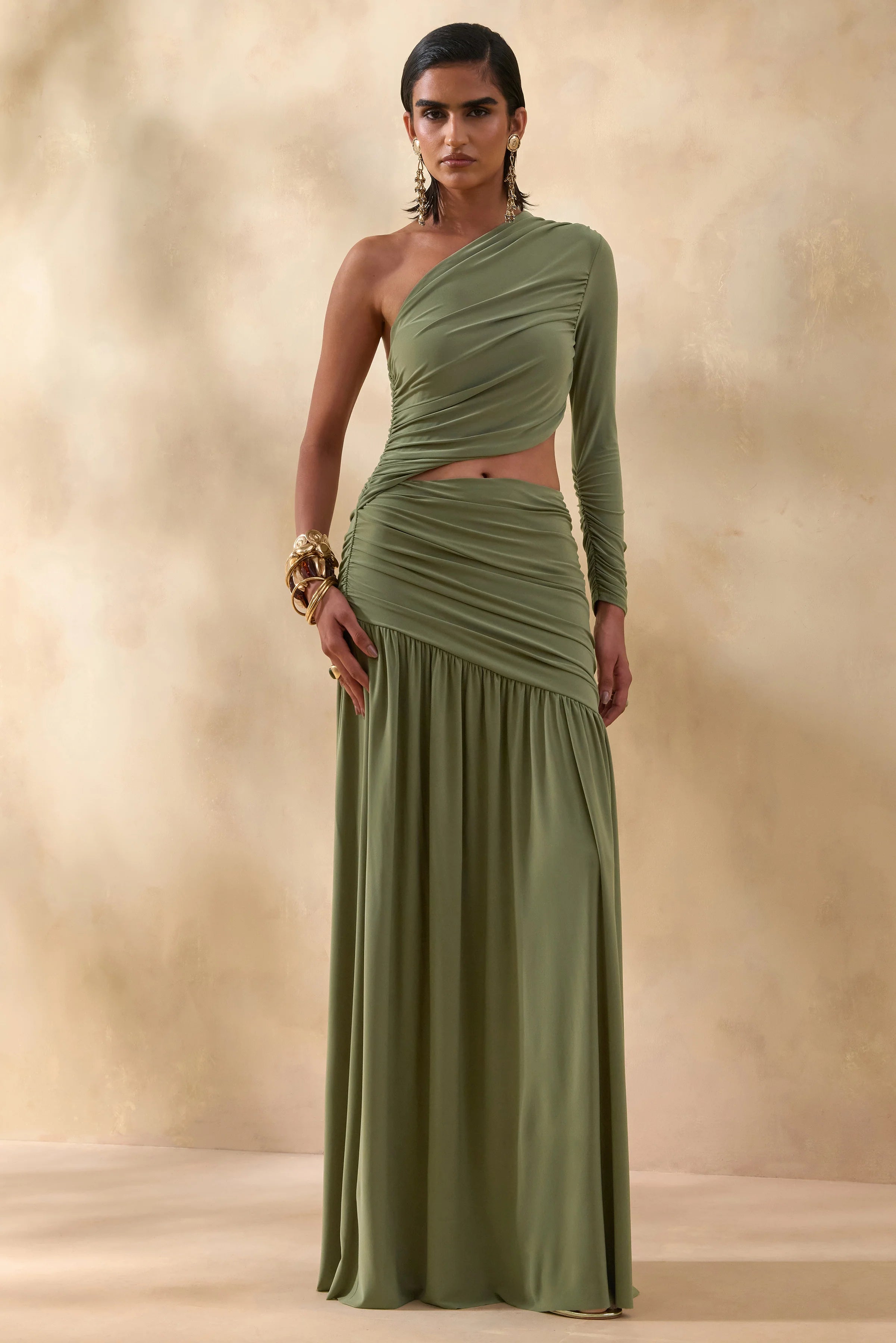 Kinsley Olive Asymmetric Neck Maxi Dress With Body Cut Out Detail