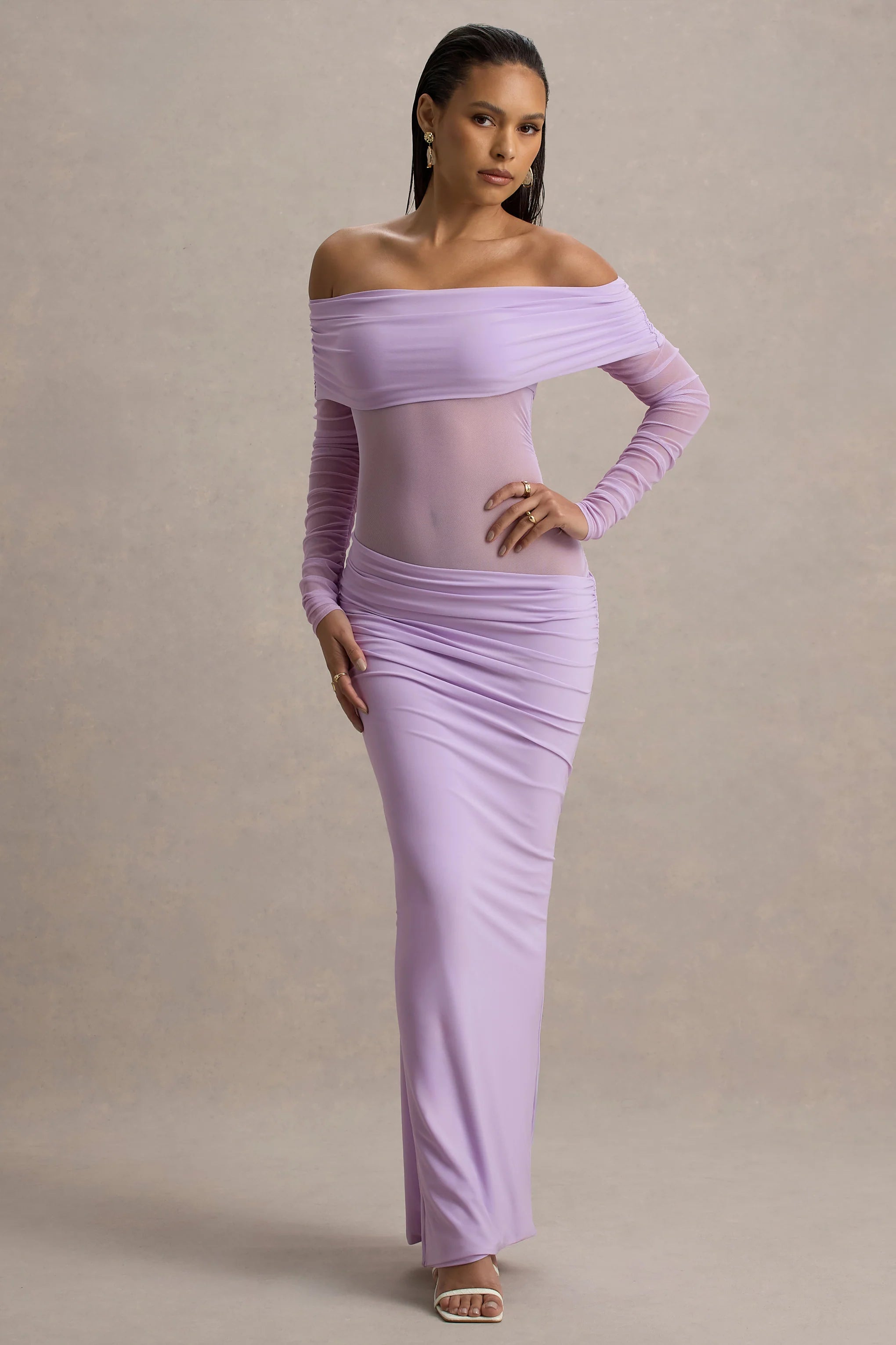 Belamour Lavender Semi Sheer Bardot Gathered Maxi Dress