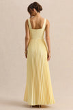 Danika Lemon Square Neck Belted Maxi Dress With Pleated Skirt