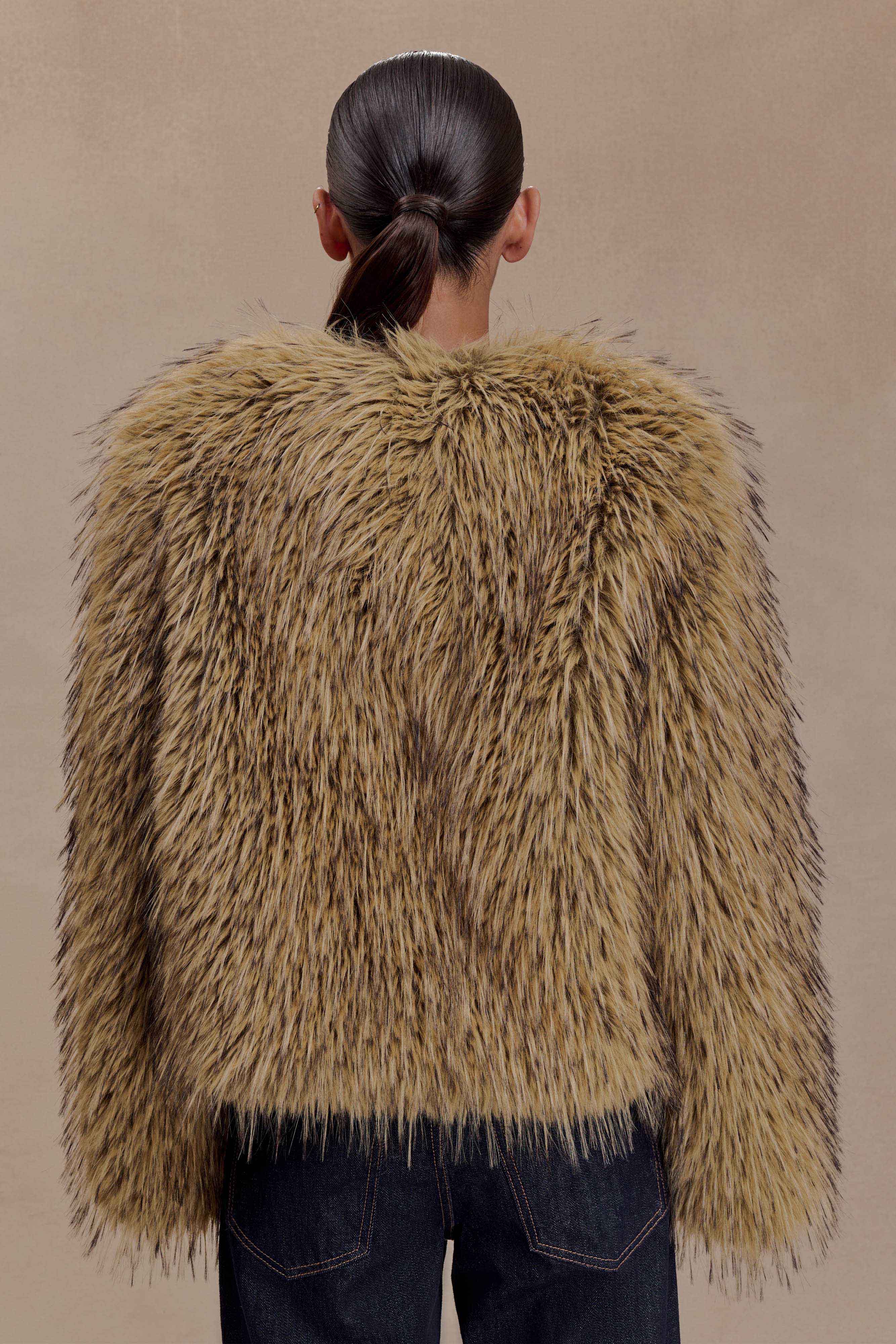 Ottie Mongolian Faux Fur Cropped Jacket Brown Multi