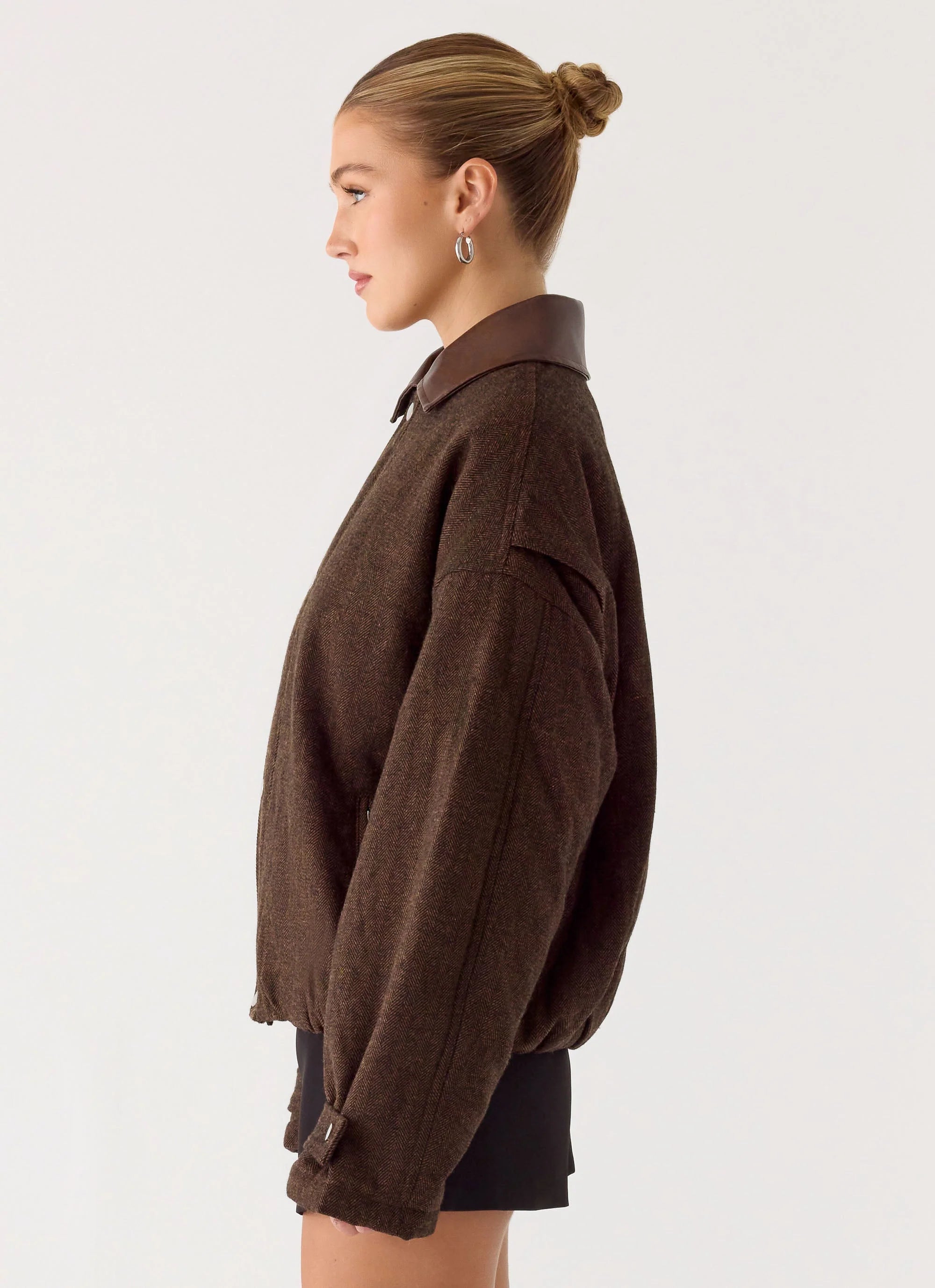 Myles Herringbone Bomber Jacket Chocolate Herringbone