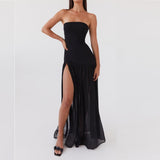Women Tube Top Dress Tiger Stripe Mesh Patchwork Maxi Dress Strapless Sexy High Slit Long Dresses Beach Vacation
