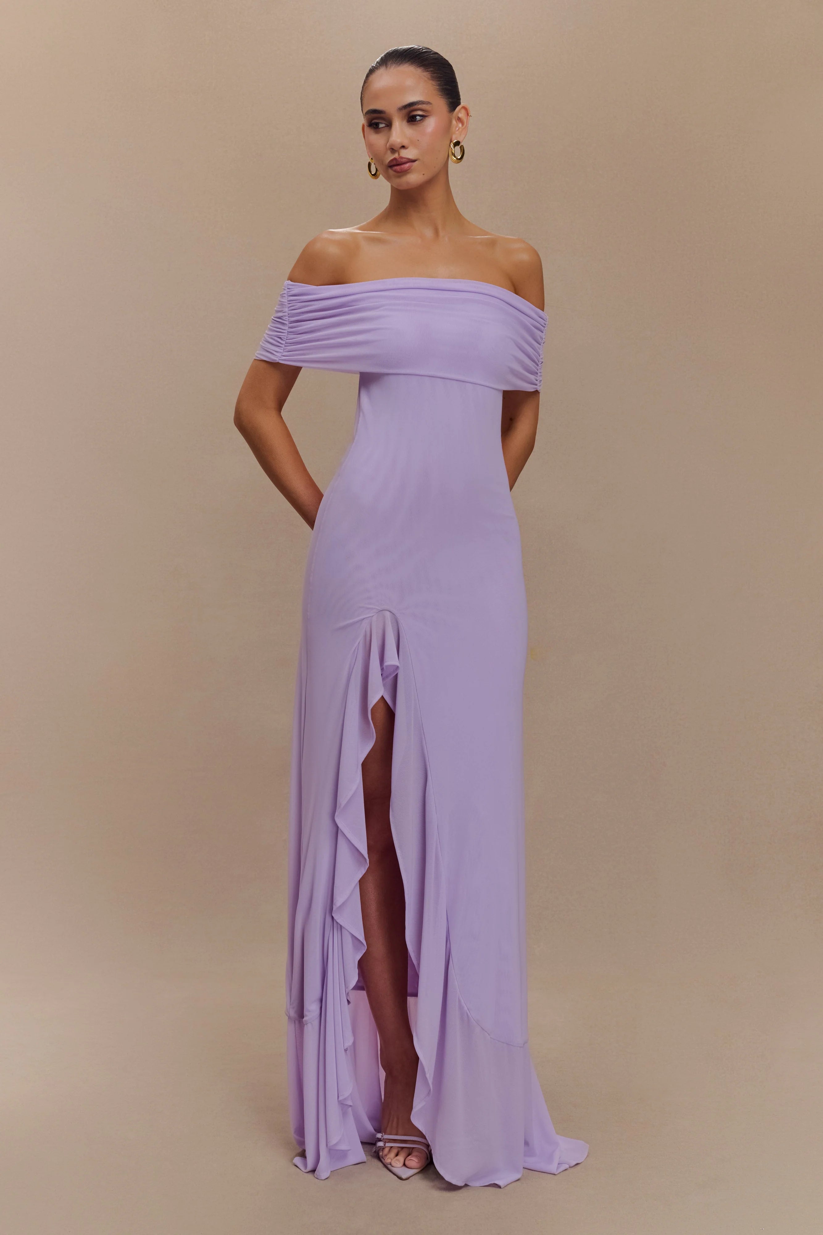 Audrey Off Shoulder Mesh Maxi Dress Lilac