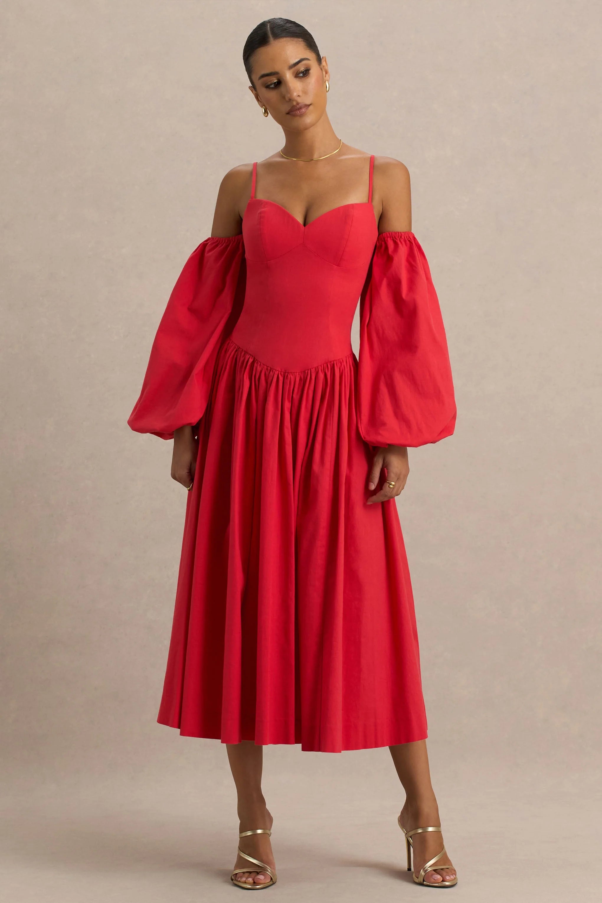 Macie Red Sweetheart Midi Dress With Balloon Sleeves