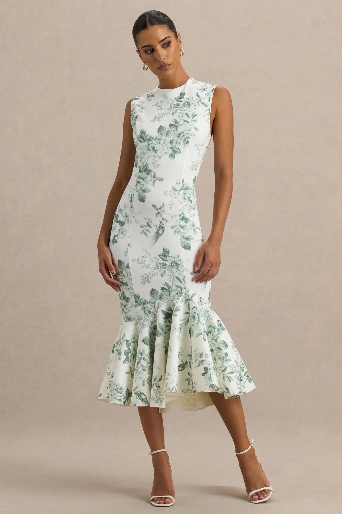 Priceless Green Porcelain Print Print High Neck Fishtail Midi Dress
