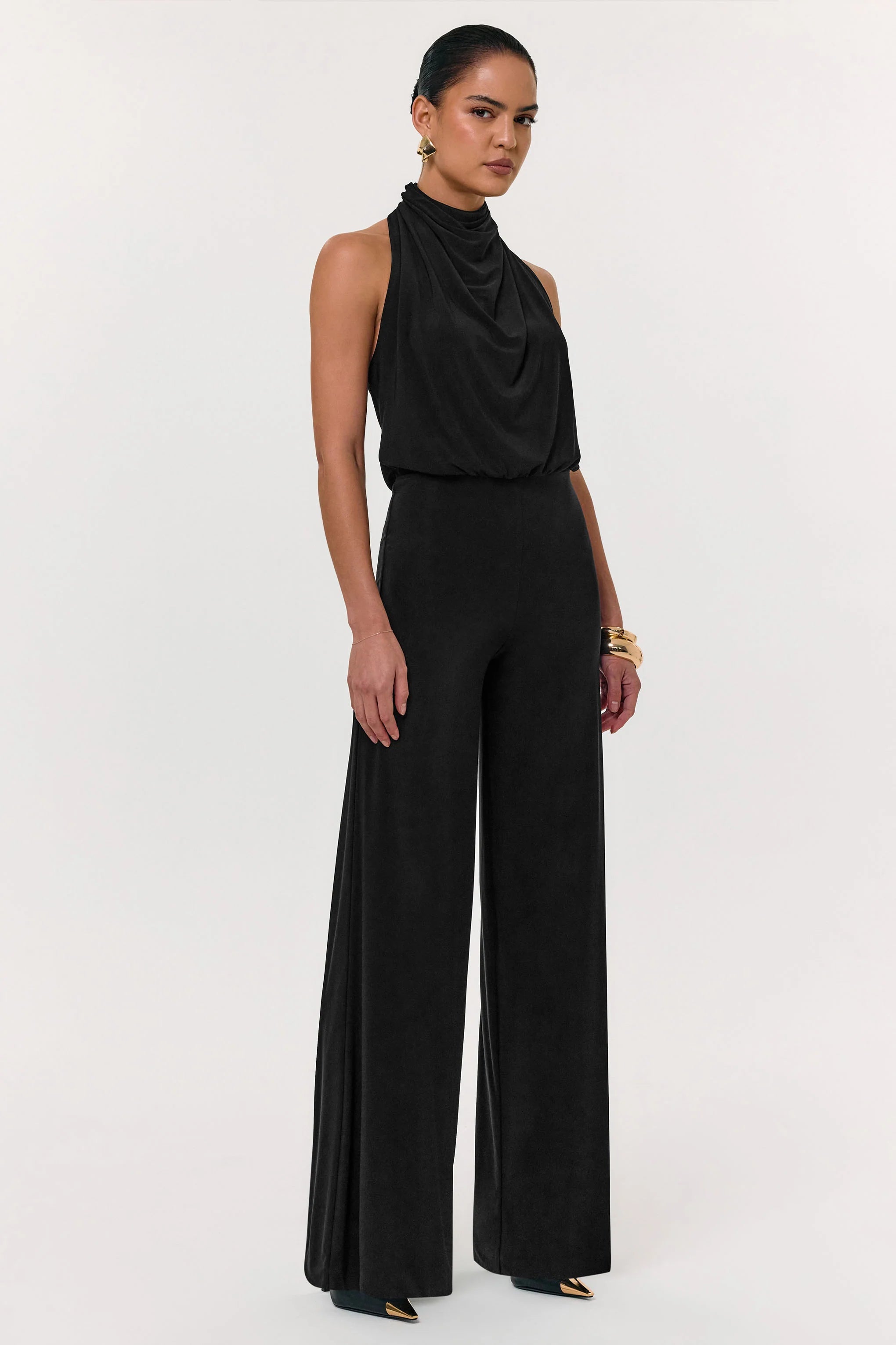 Asha Black High Neck Jumpsuit With Ruched Detail
