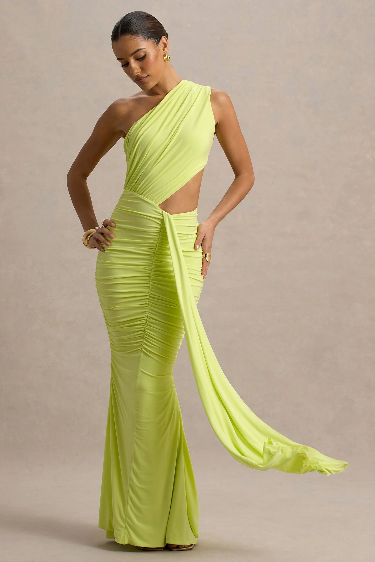 Beline Lime Green One Shoulder Cut Out Maxi Dress With Drape