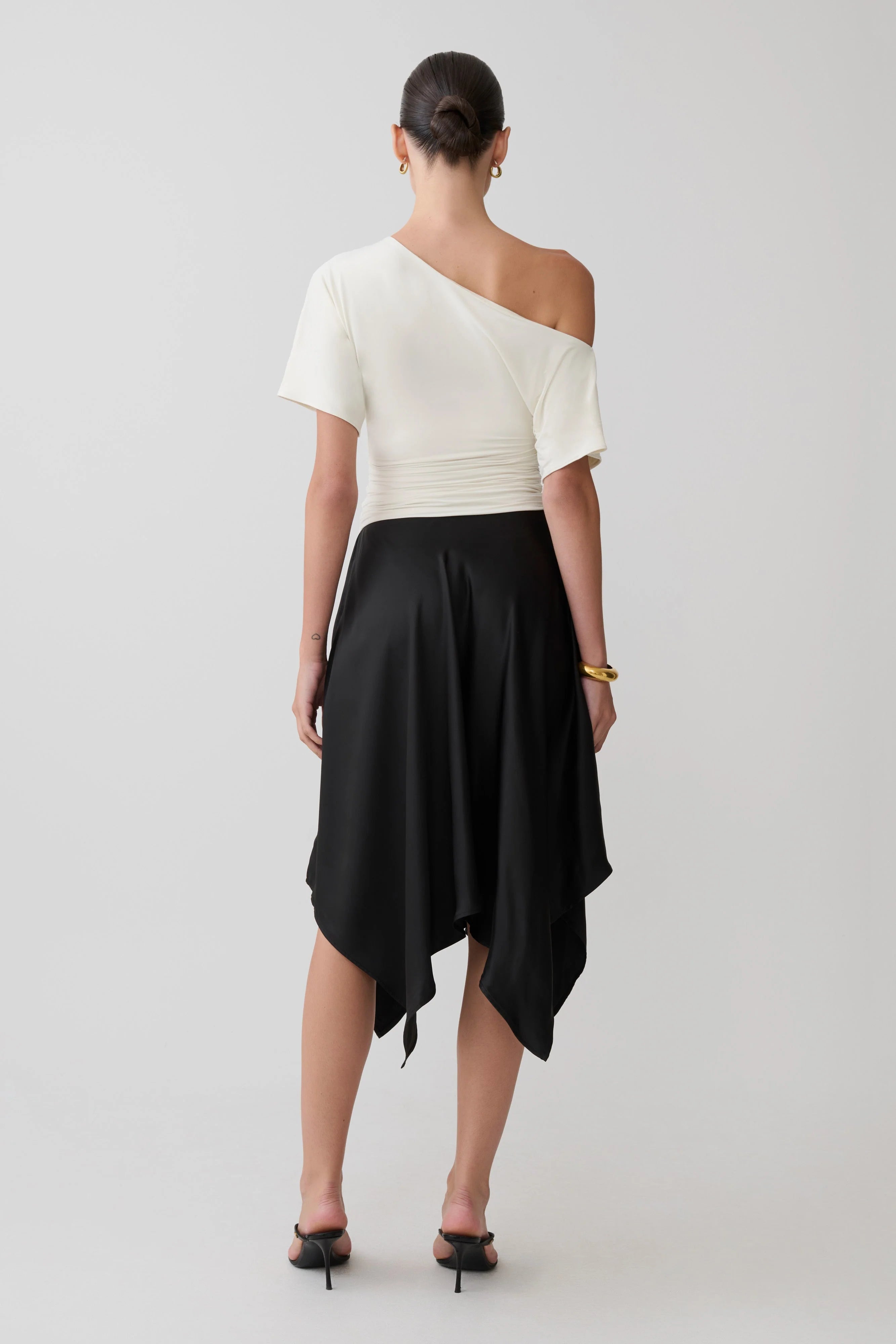 Coralie Asymmetric Satin Midi Skirt Black