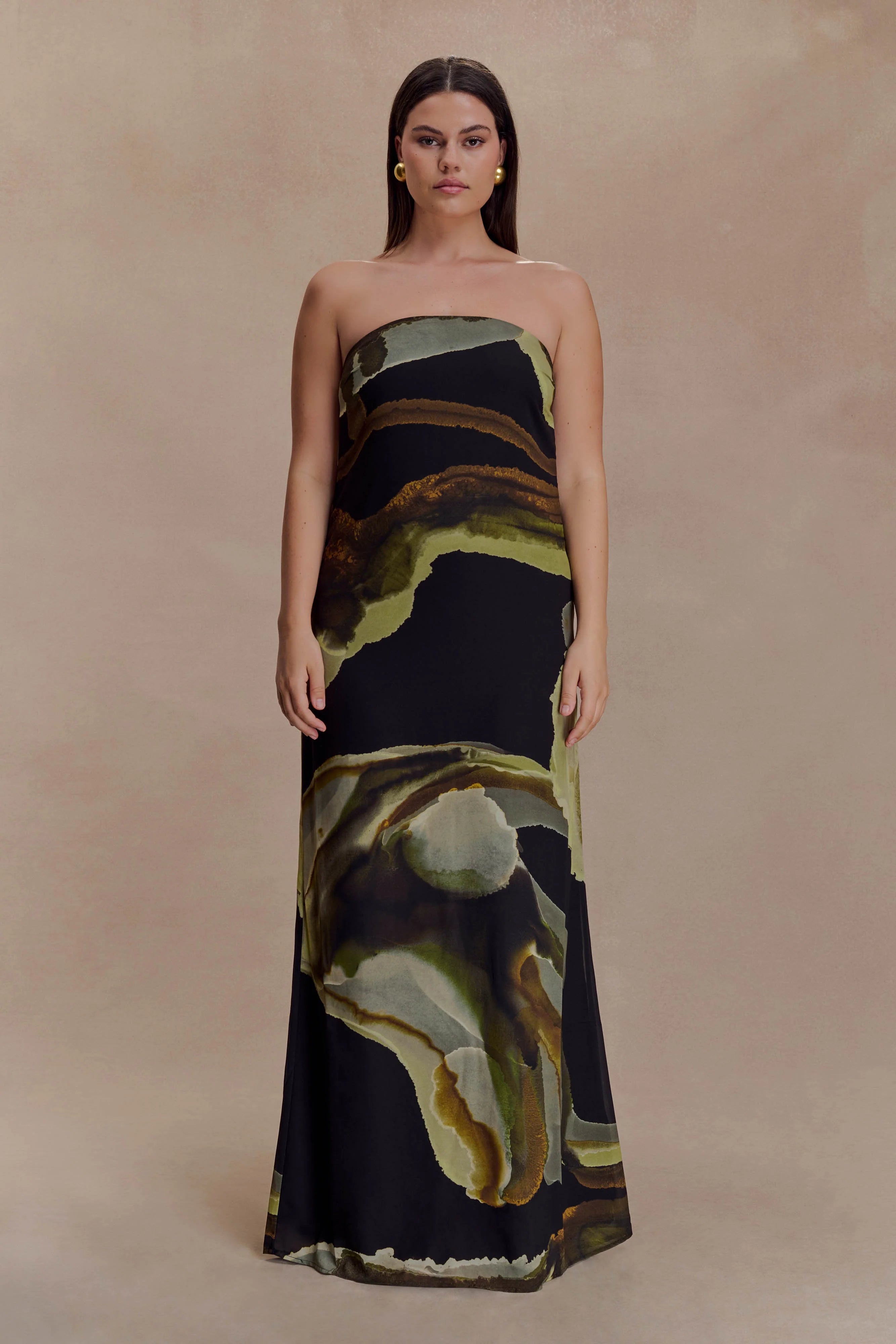 Amaya Strapless Chiffon Maxi Dress Green Fluid Reverie Print