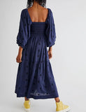 Women Floral Embroidered Maxi Dress Long Puff Sleeve Square Neck Bohemian Flowy Dress with Pockets Summer Fall