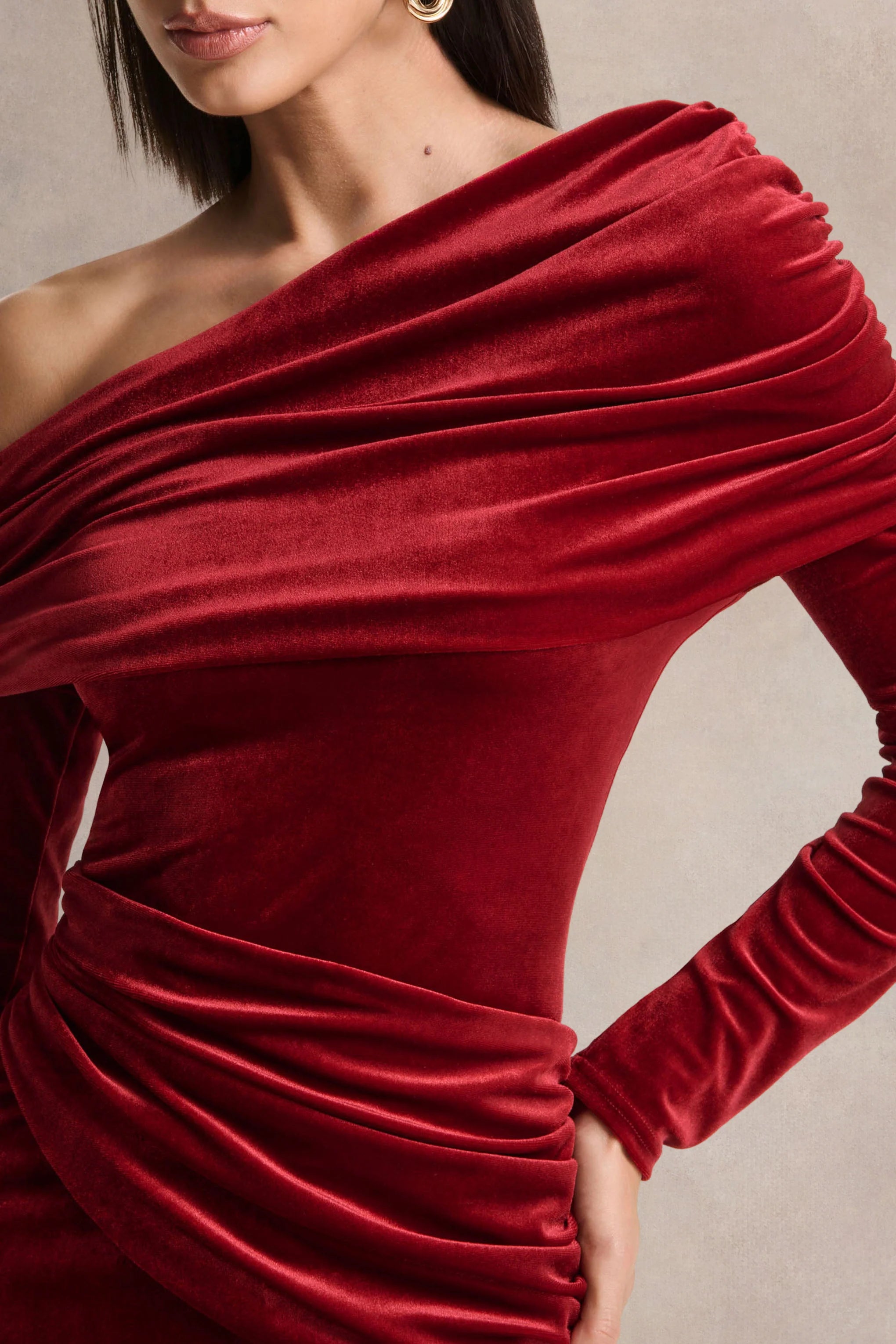 Eirene Red Velvet Asymmetric Neck Midi Dress