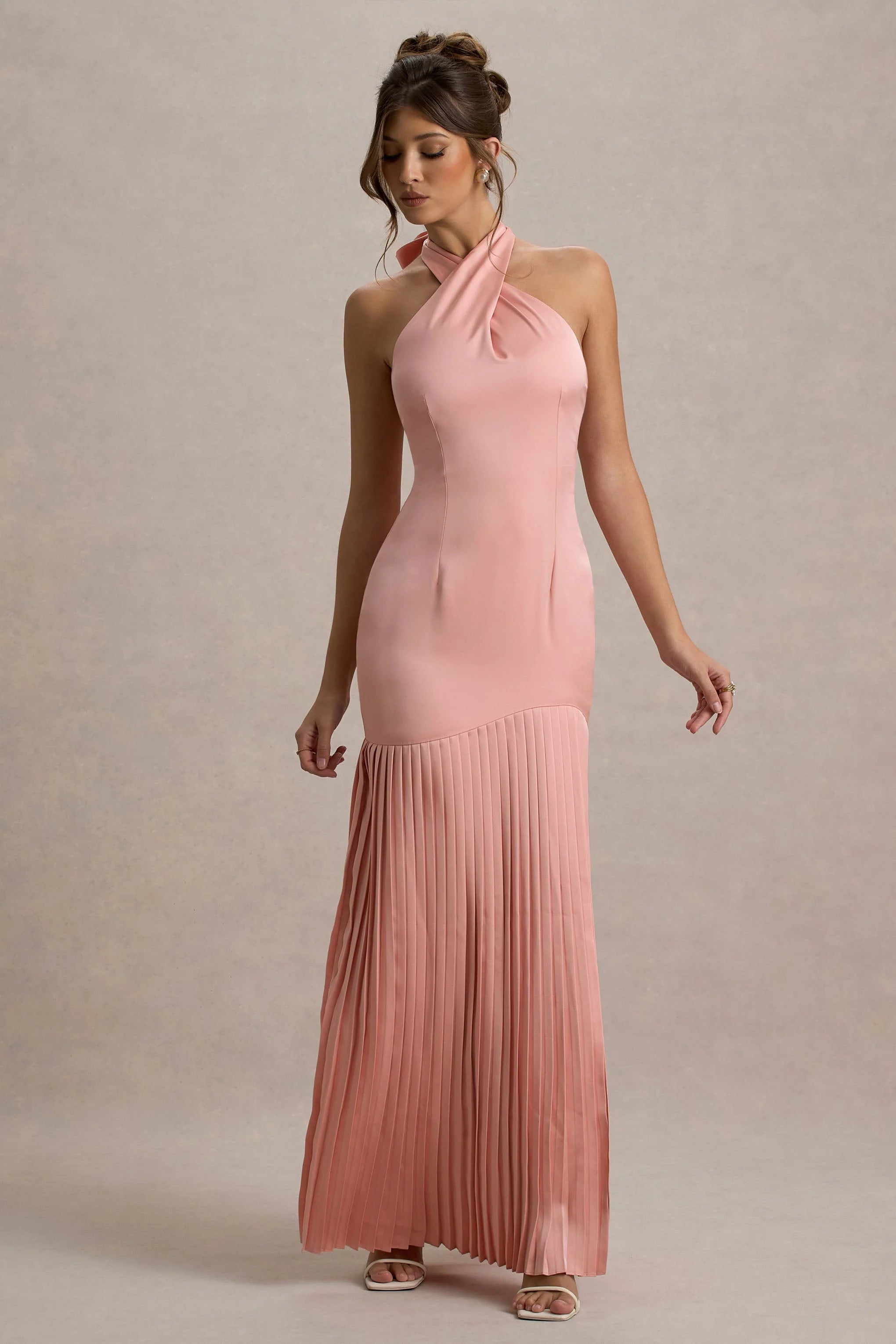 Sansa Light Pink Satin Cross Halter Neck Plisse Maxi Dress