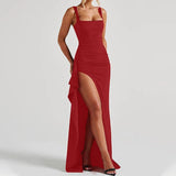 Women Formal Dresses Sleeveless Bodycon Ruched High Slit Sexy Maxi Dress Cocktail Prom