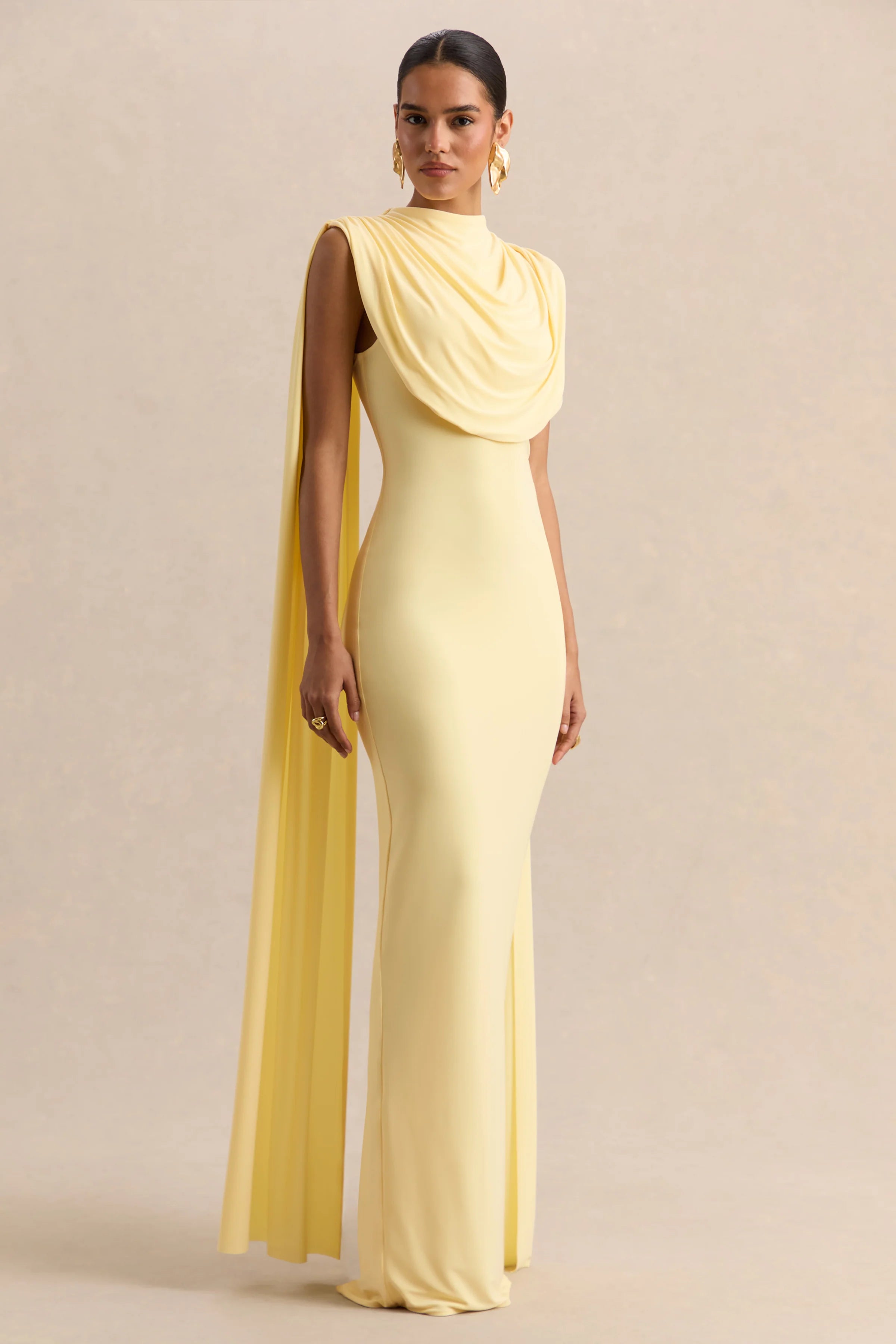 Patrina Lemon High Neck Maxi Dress With Draped Detailing And Cape Sleeves