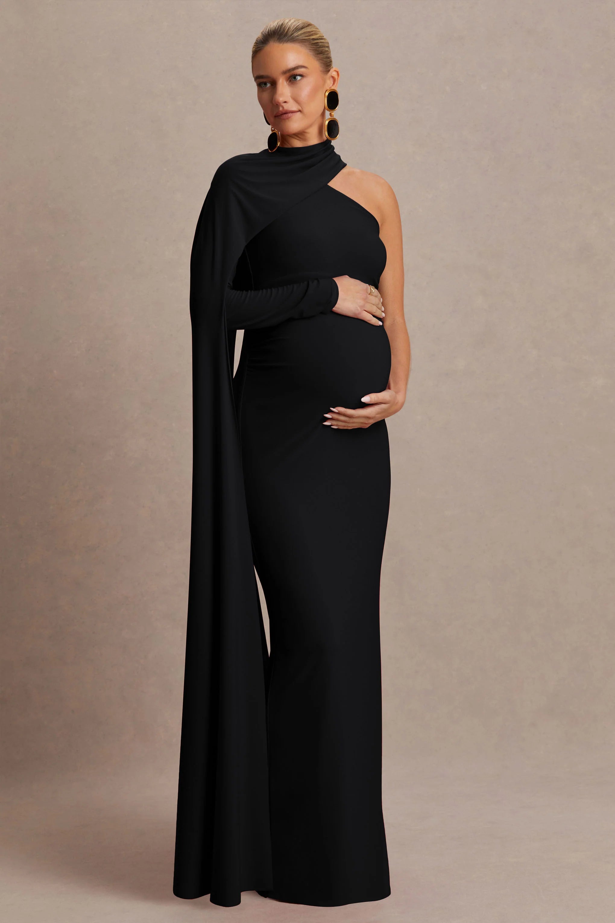 Tessy Black Asymmetric Neck Maternity Maxi Dress With Cape Sleeve