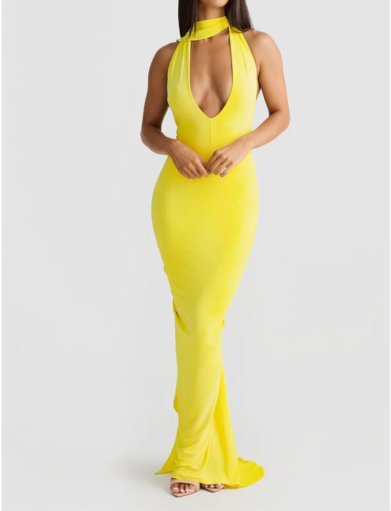 Women Sexy Backless Dress Halter Deep V Neck Detachable Flower Sleeveless Open Back Maxi Dress Cocktail Prom Formal Dresses