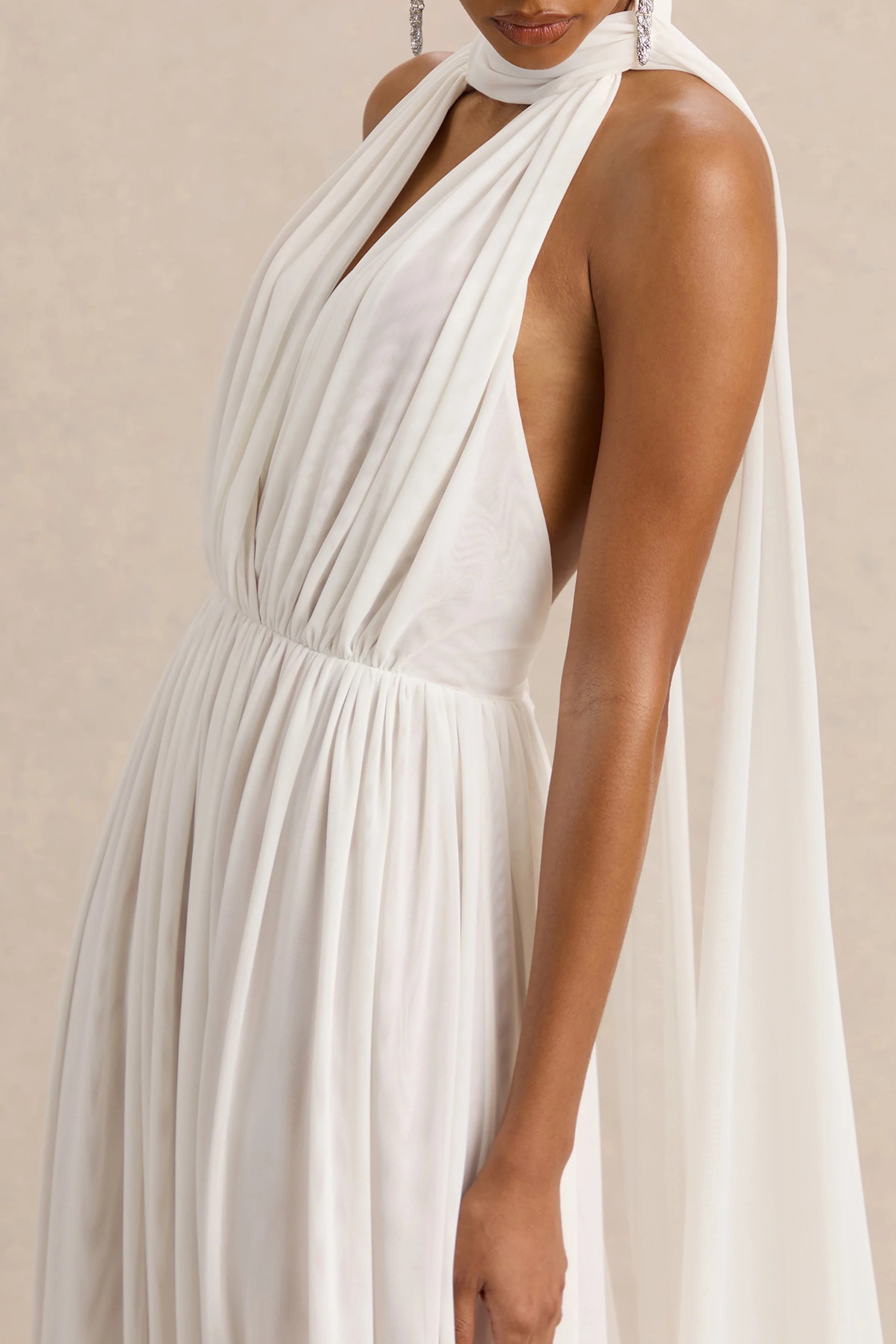 Rylina White Mesh Halter Neck Maxi Dress With Scarf And Open Back