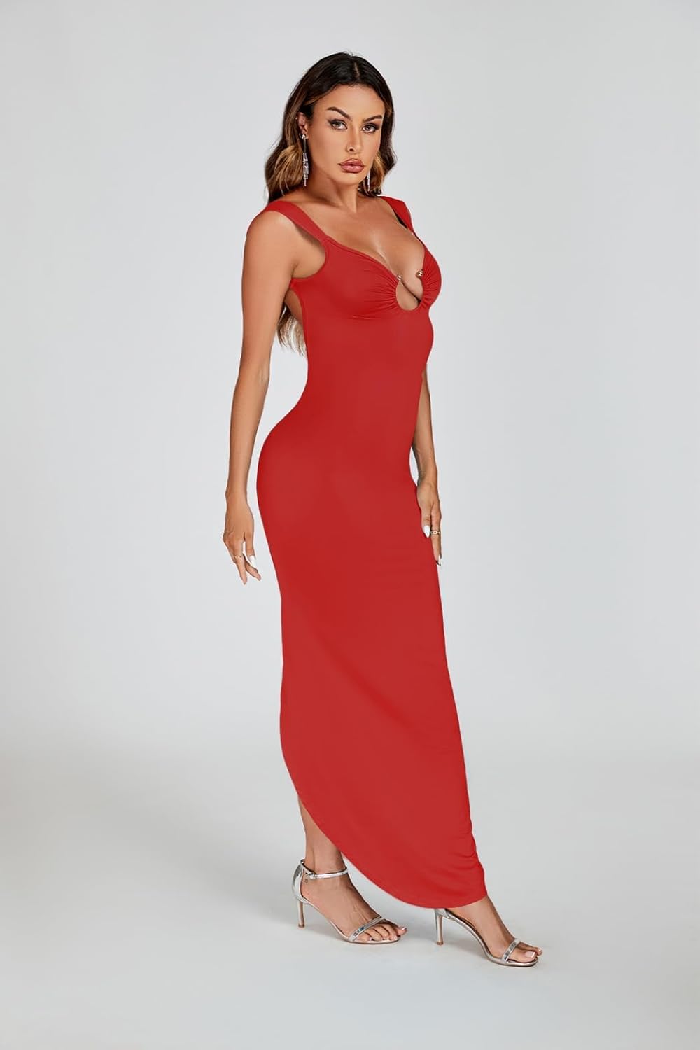 Women Sexy Backless Dress V Neck Sleeveless Open Back Split Maxi Dress Party Cocktail