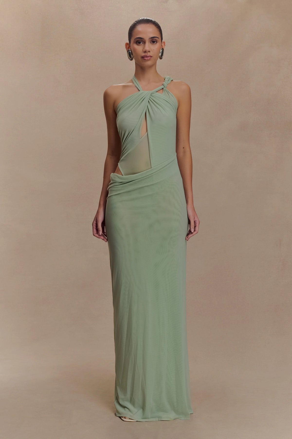 Edwina Knotted Mesh Maxi Dress Sage
