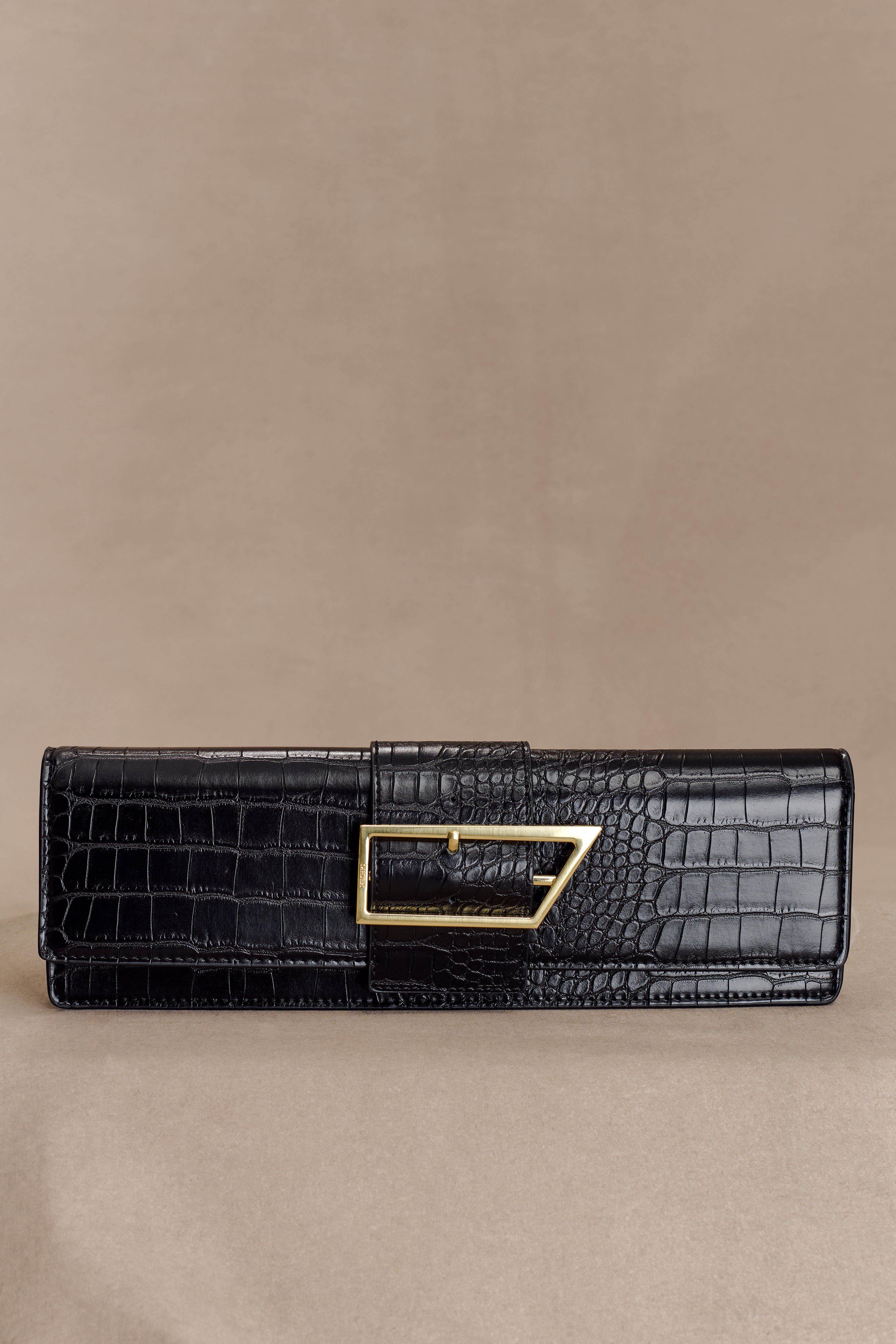 Jessica Faux Leather Crocodile Clutch Black