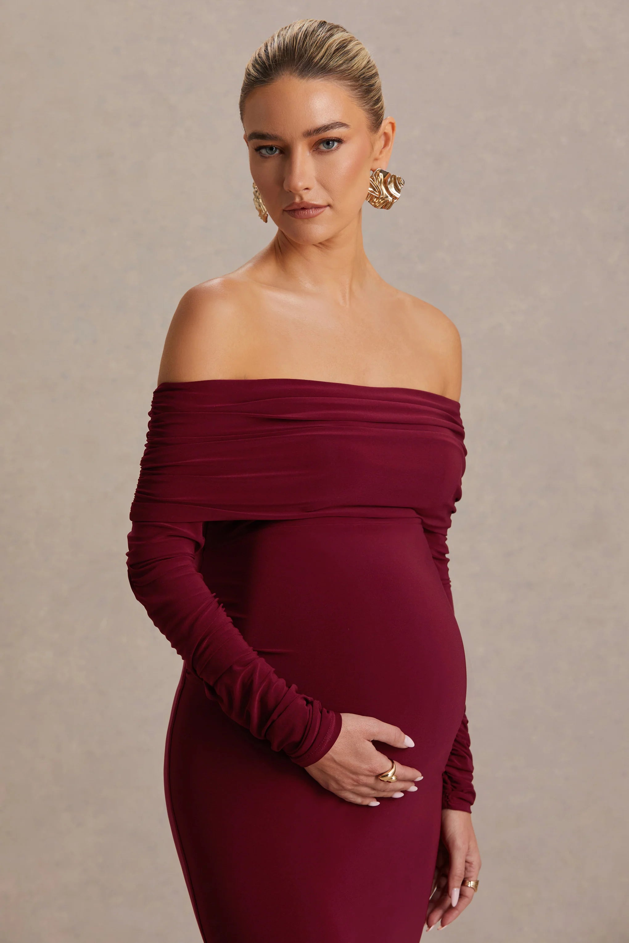 Odessa Berry Bardot Neck Maternity Maxi Dress