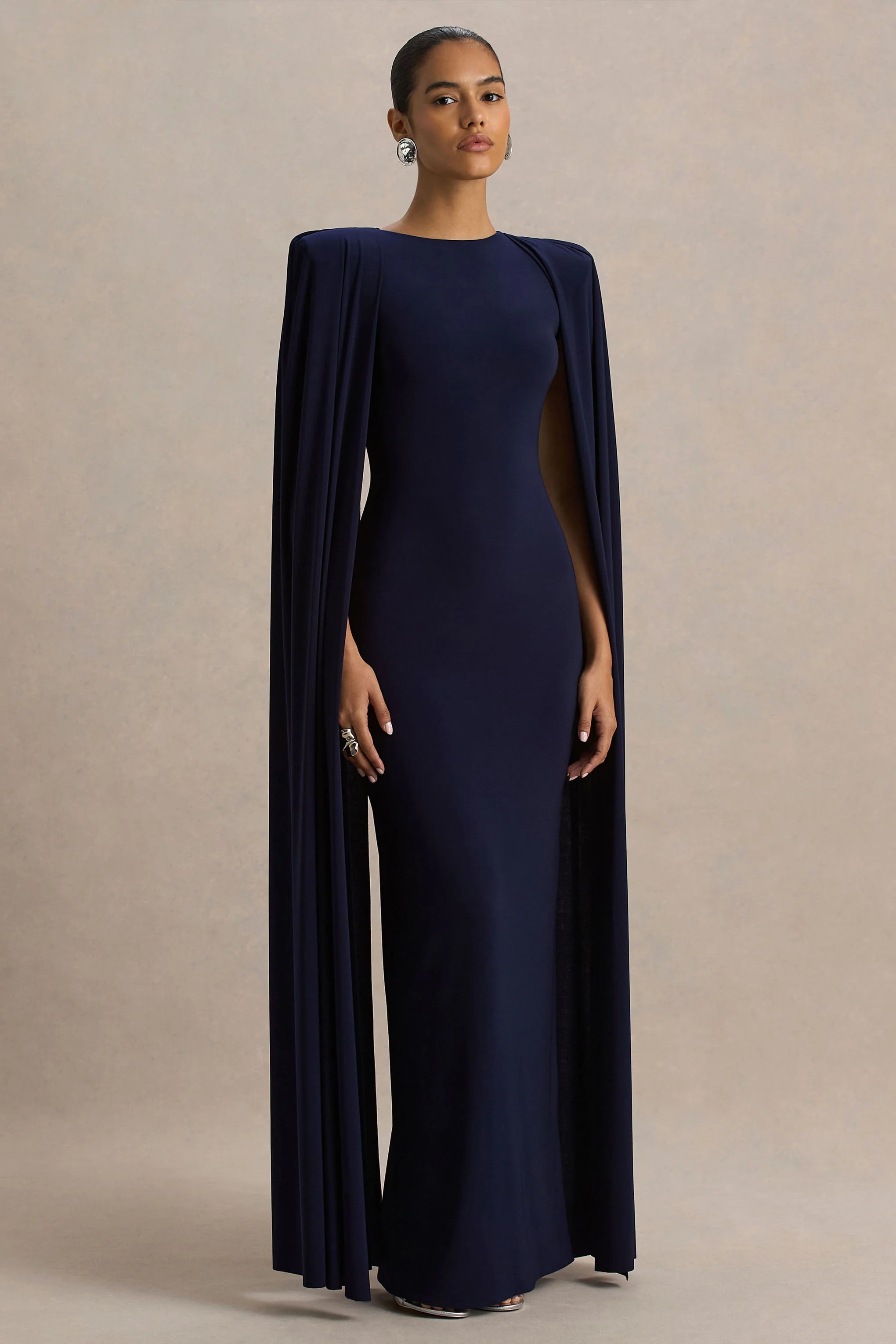 Mimi Navy High Neck Maxi Dress With Cape Sleeve Detail