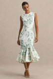 Priceless Green Porcelain Print Print High Neck Fishtail Midi Dress