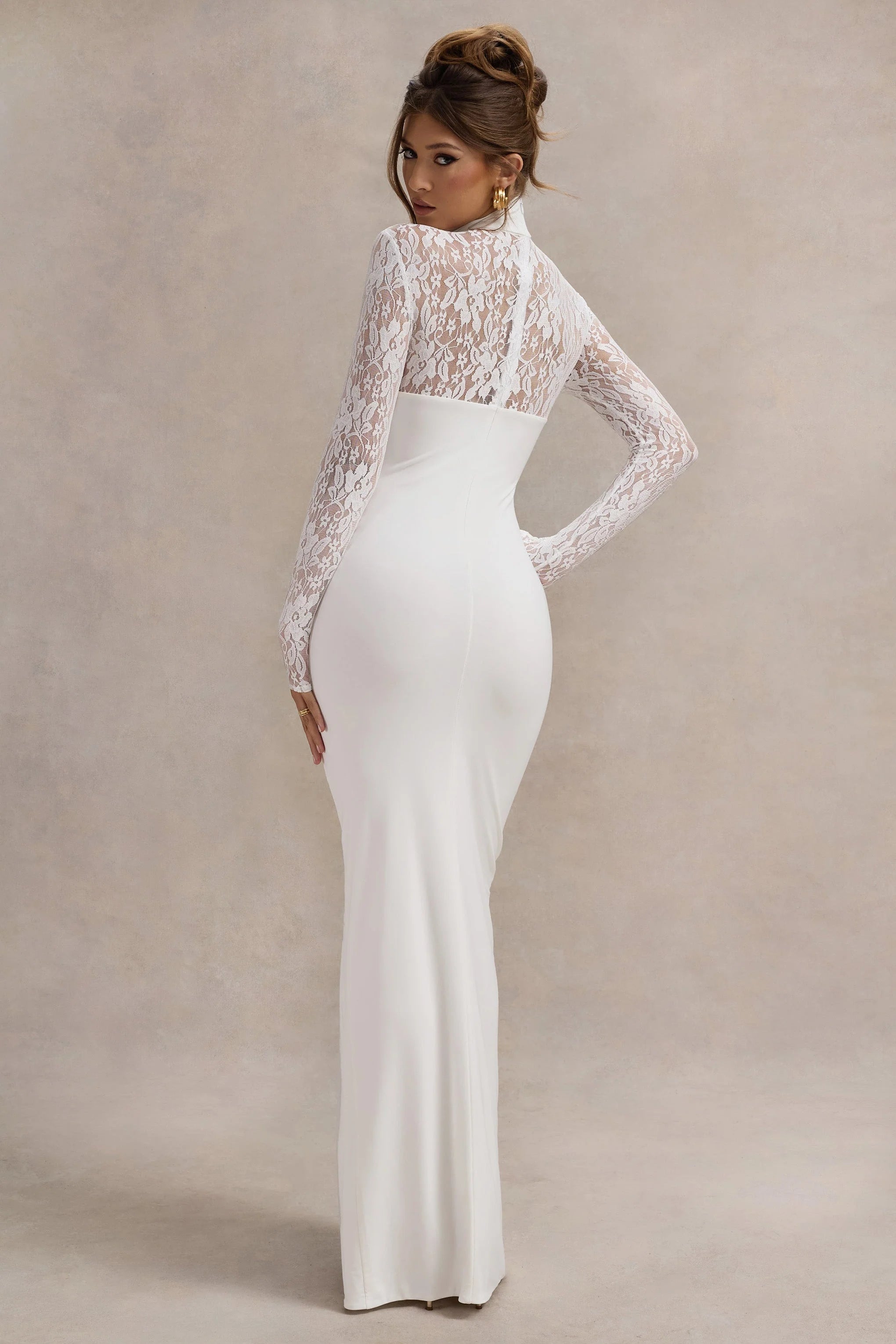 Arden White High Neck Split Maxi Dress With Lace Sleeves