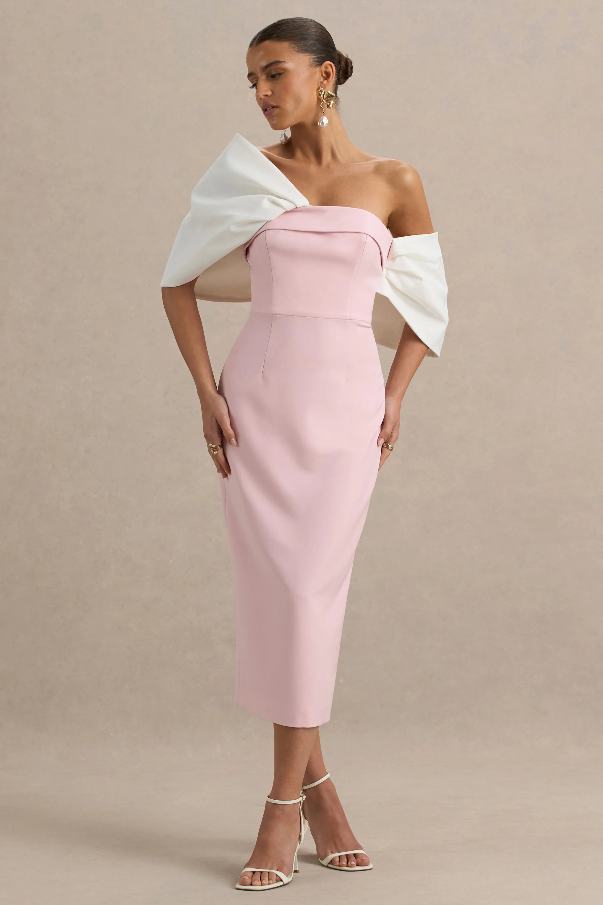 Lucille Rose Pink Asymmetric Bardot Midi Dress With Bow Detail