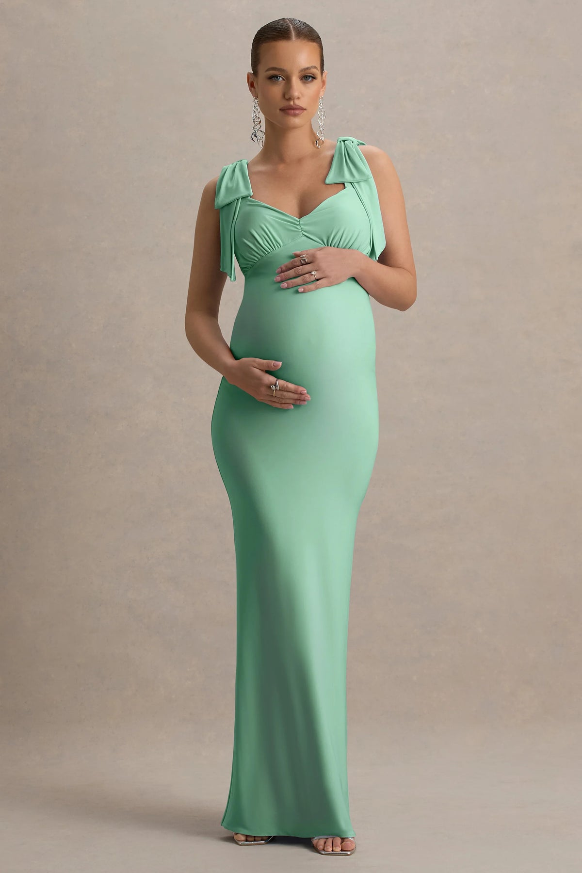 Sheen Light Green Sweetheart Bow Strap Maternity Maxi Dress