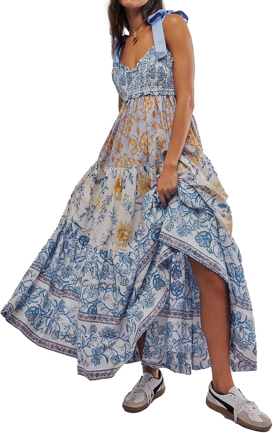 Women Floral Maxi Dress Tie Shoulder Patchwork Smocked Flowy Boho Dress with Pockets Summer Vacation Sundress