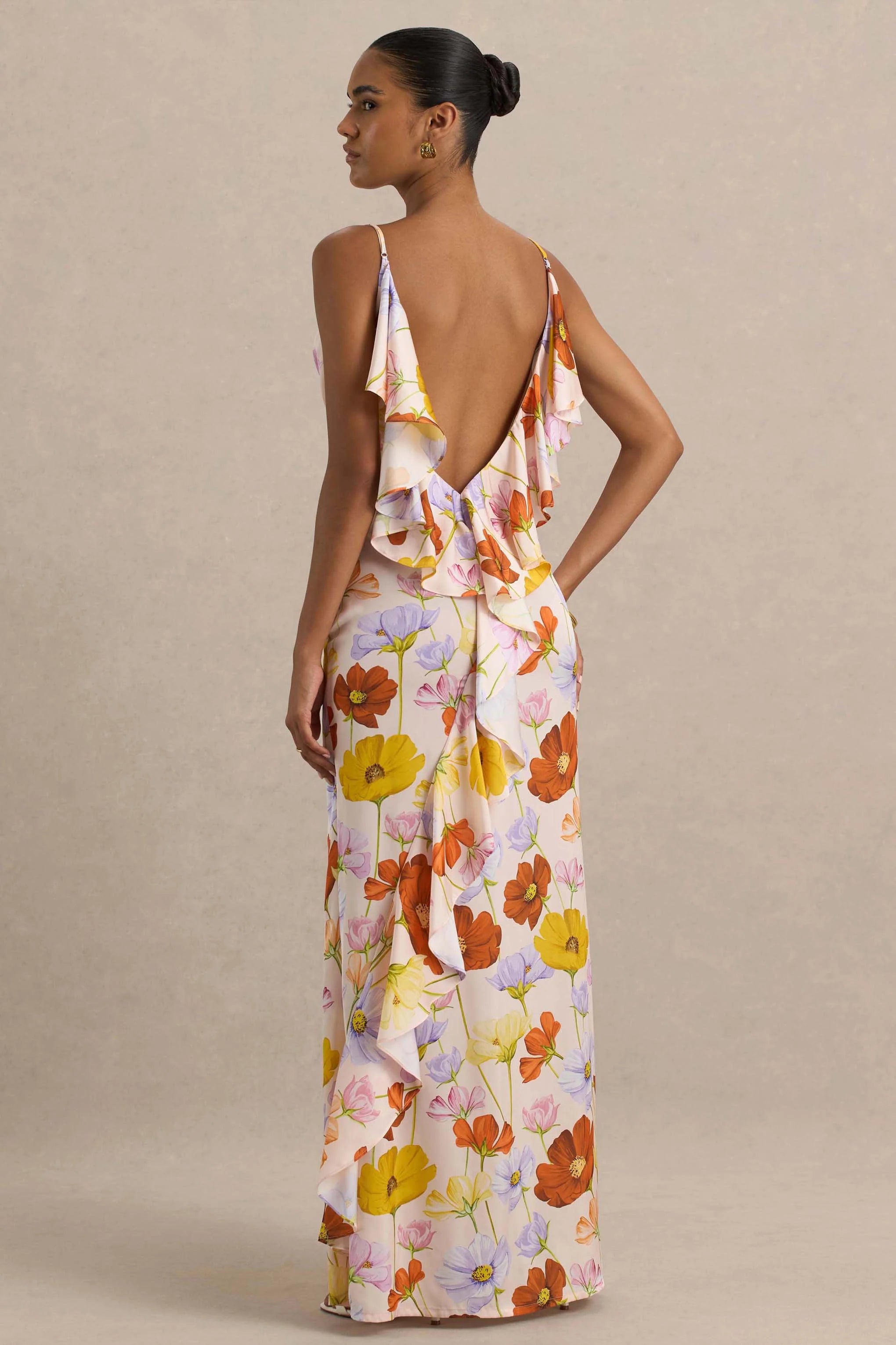 Thames Bright Floral Print Satin Cowl Neck Maxi Dress
