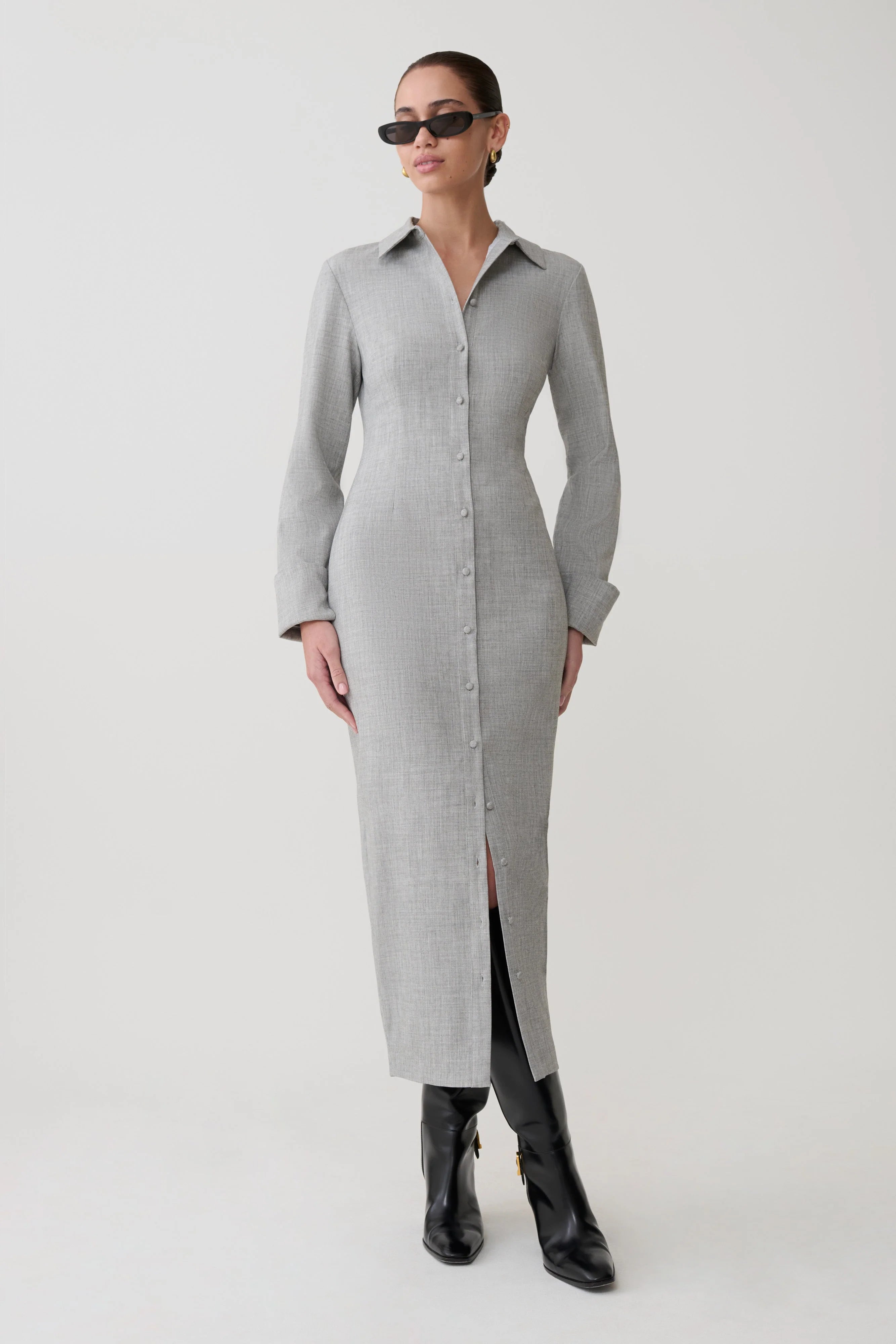 Dorian Fitted Shirt Midi Dress Charcoal Marle