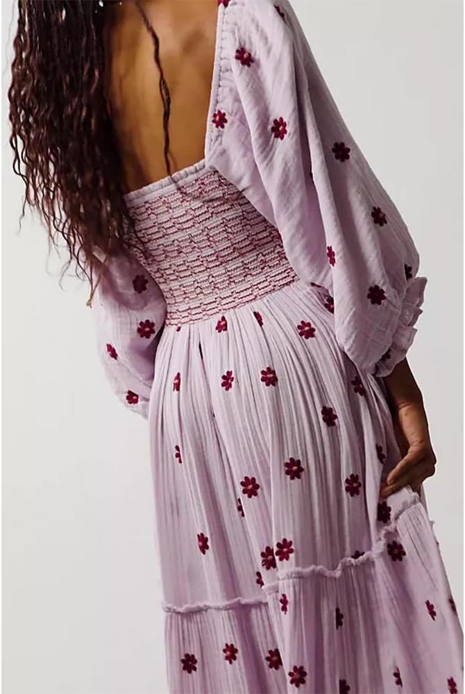 Women Floral Embroidered Maxi Dress Long Puff Sleeve Square Neck Bohemian Flowy Dress with Pockets Summer Fall