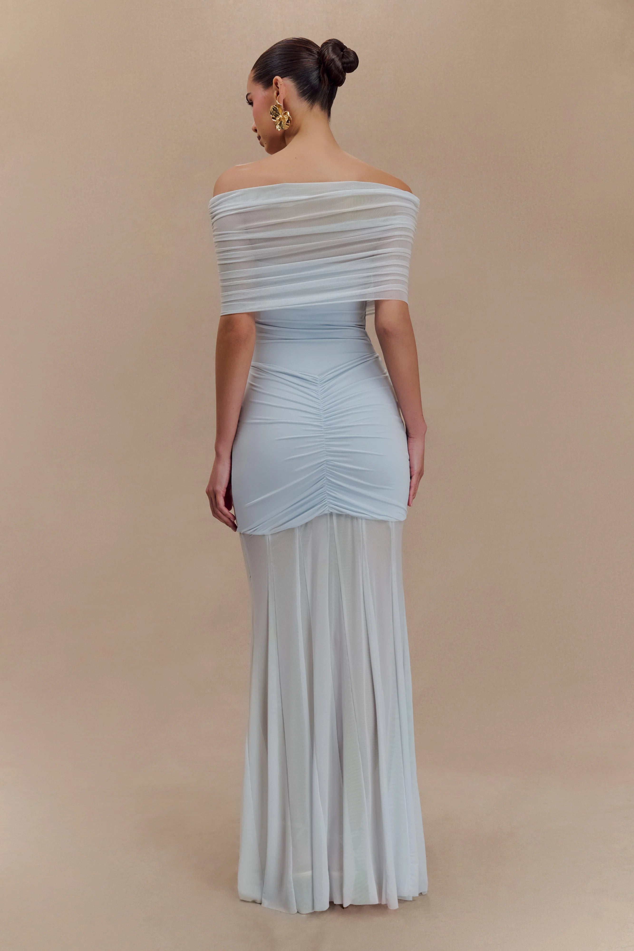 Caspian Slinky And Mesh Off Shoulder Maxi Dress Pale Blue