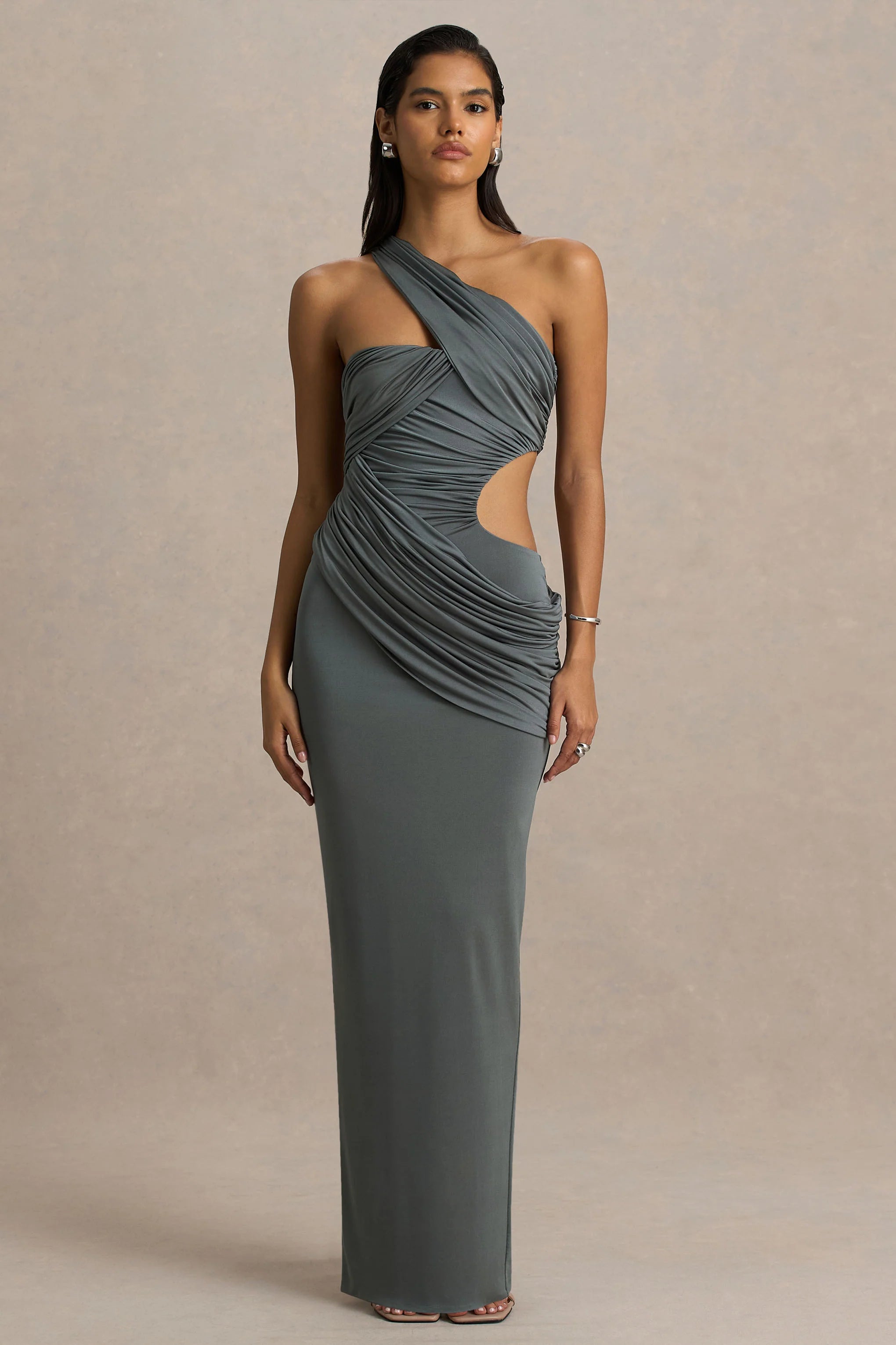 Serefine Grey Asymmetric Neck Maxi Dress With Body Cut Out