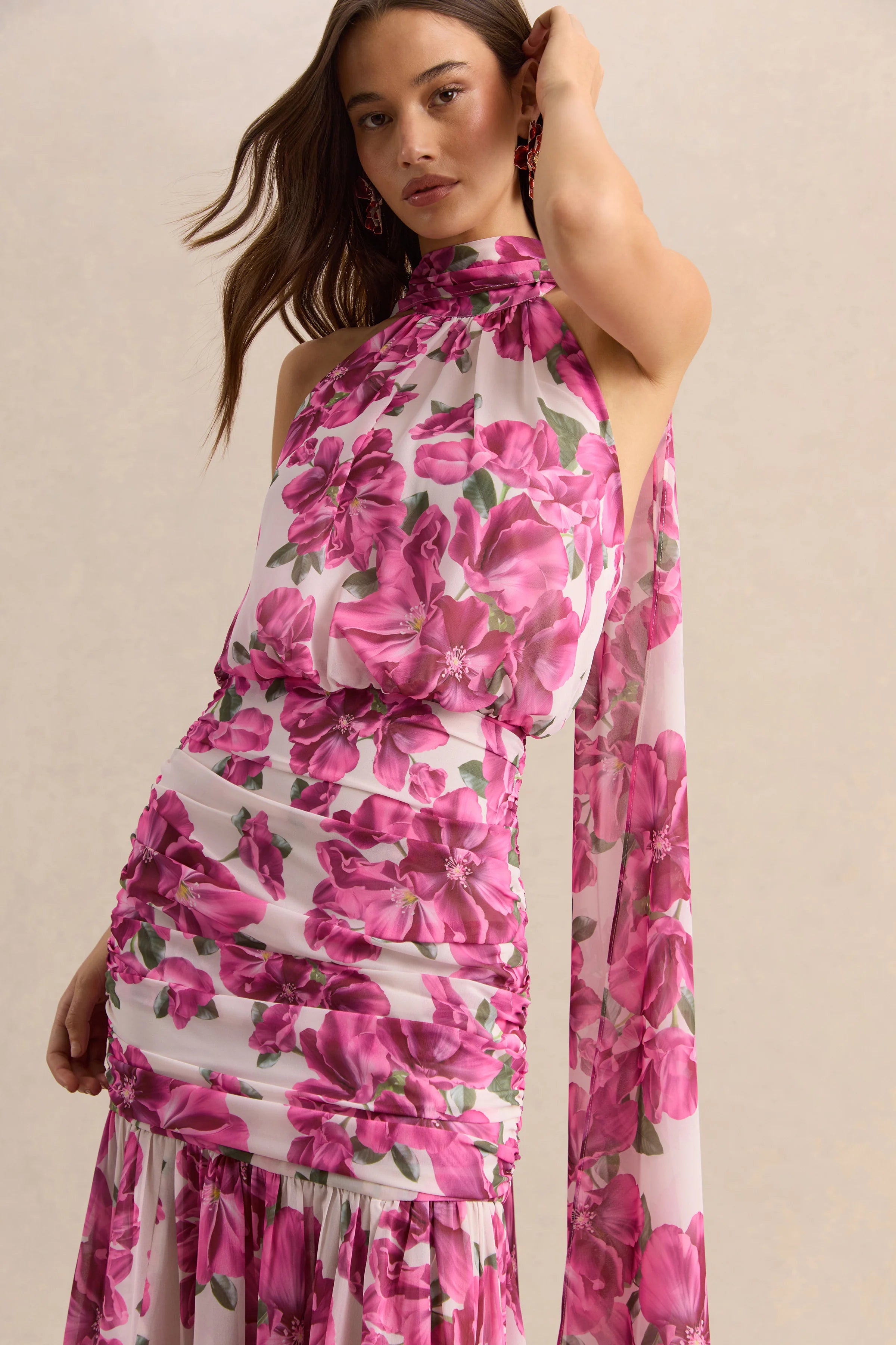 Veronique Pink Hibiscus Floral Halter Neck Maxi Dress