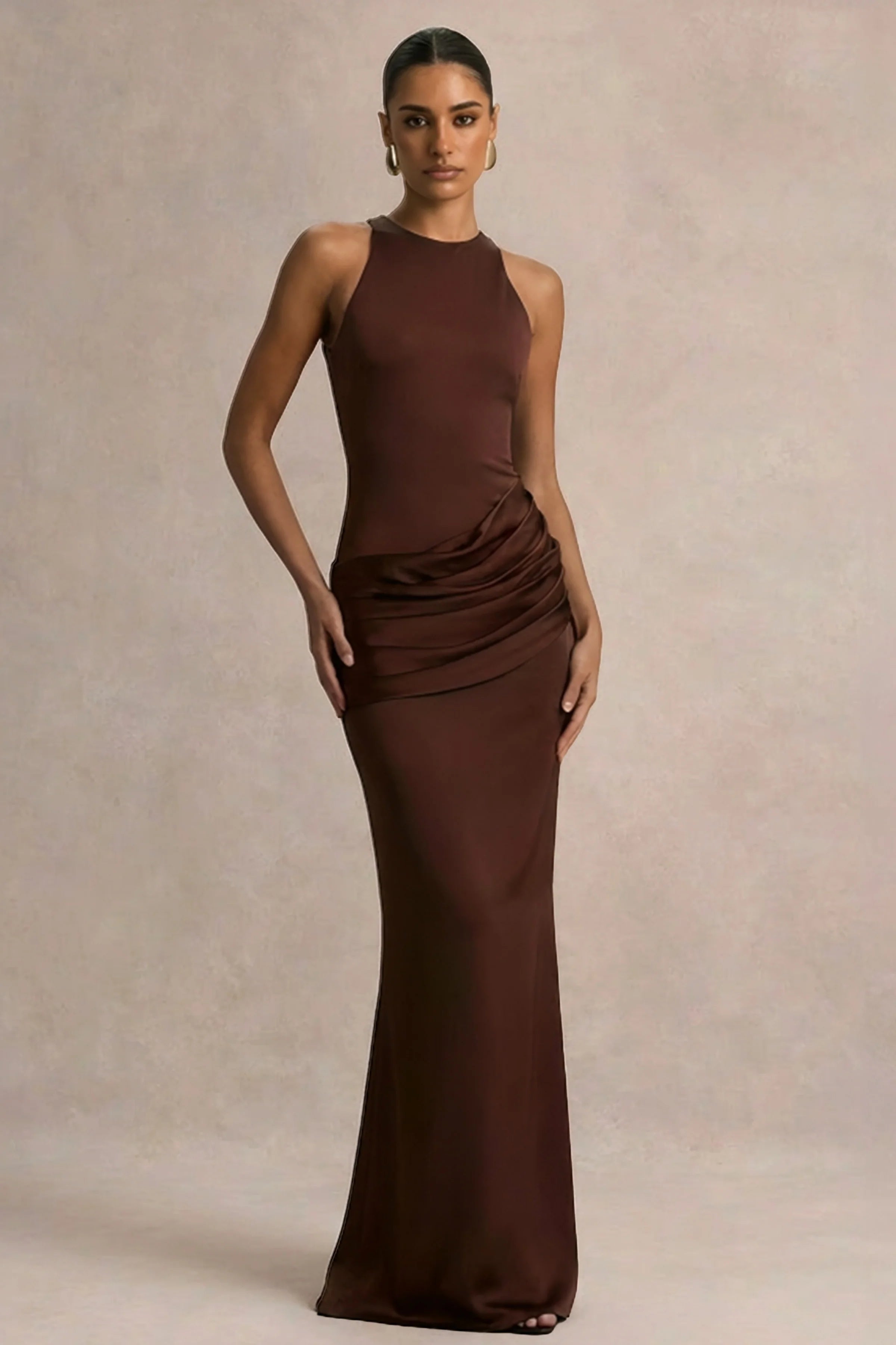 Akari Brown Crew Neck Maxi Dress With Satin Skirt